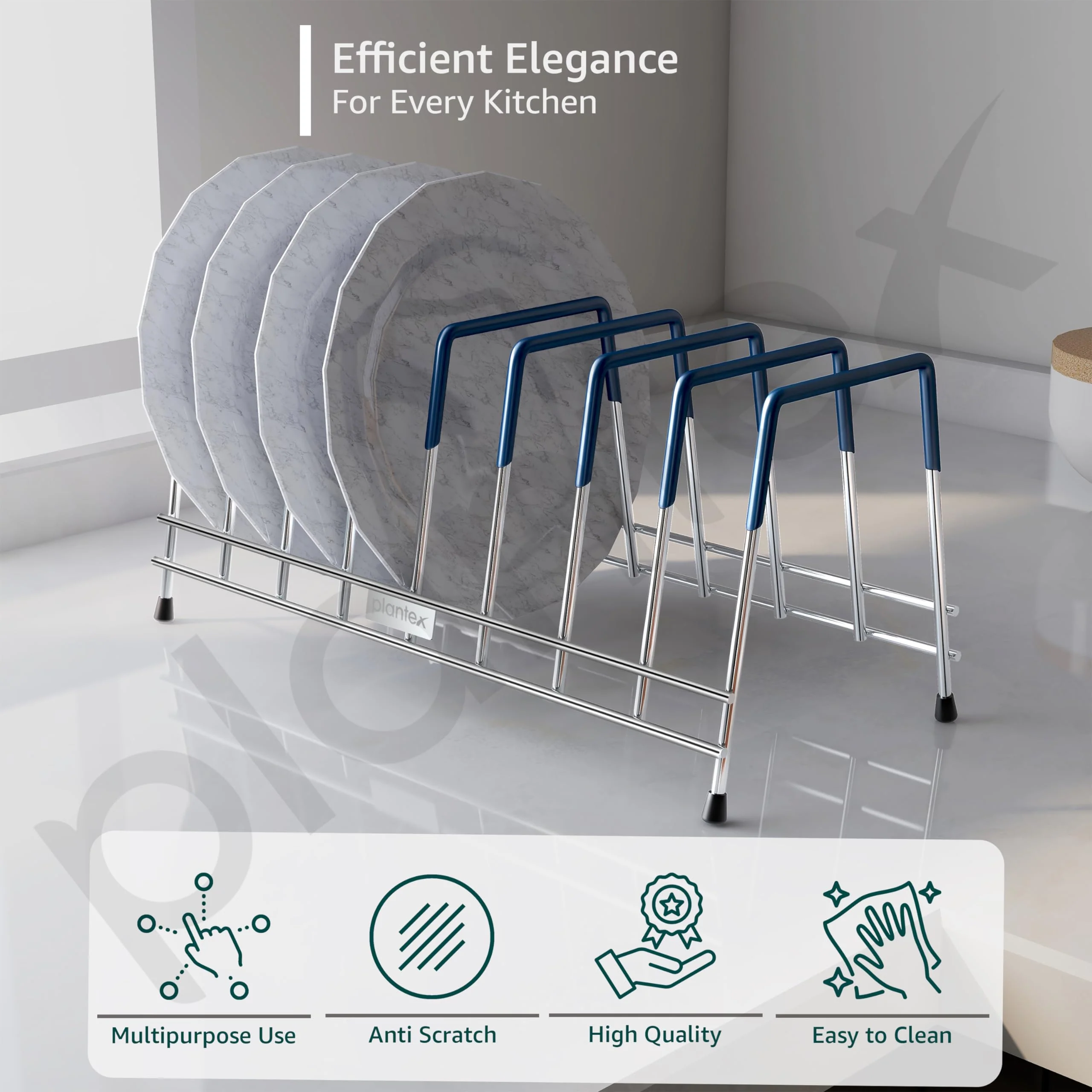 Plantex Stainless Steel Plate Stand for Kitchen Cabinet/10 Slot Plate Rack for Kitchen/6-Inch Rubber-Gripped Dish Stand(Size-6Inches, Slot- 10, Pack of 1) - Image 3