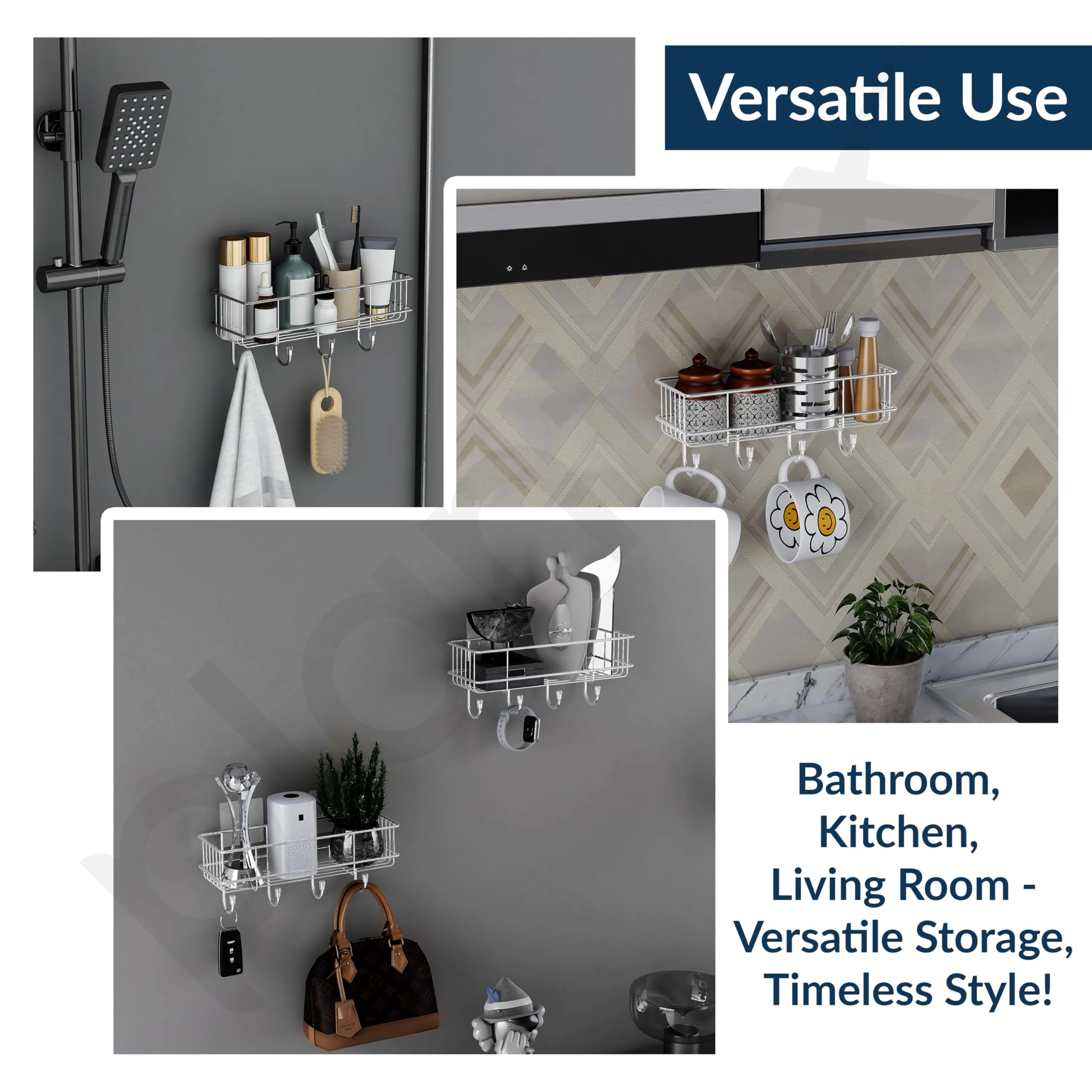 Plantex Stainless Steel Self Adhesive Bathroom Shelf/No Drill Bathroom Organizer with Hooks/Washroom Shelf- Pack of 1(Chrome) - Image 7