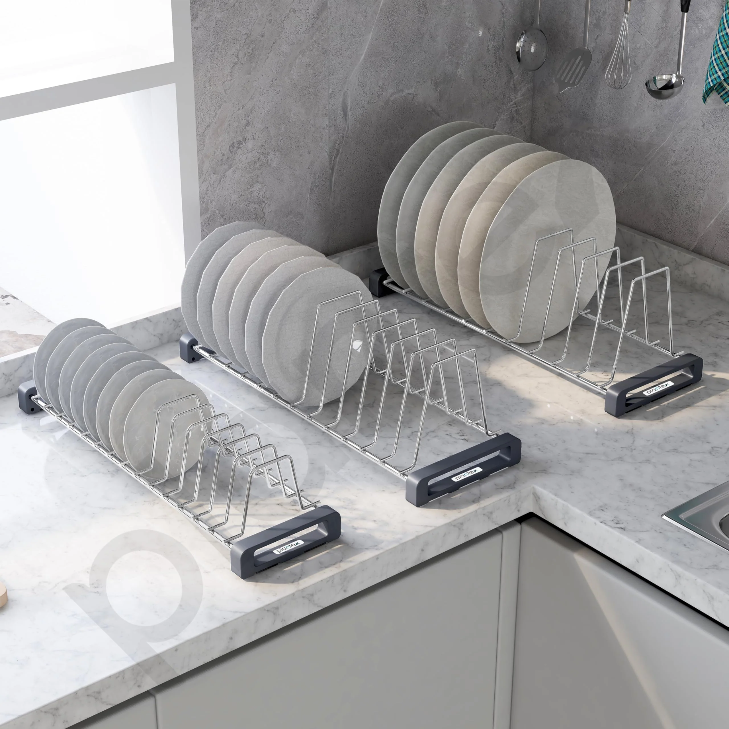 Plantex Stainless Steel Thali Stand/Saucer/Plate Rack/Dish Rack/Plate Fixer for Modular Kitchen/Tandem Box Accessories - Set of 3 (Chrome) - Image 7