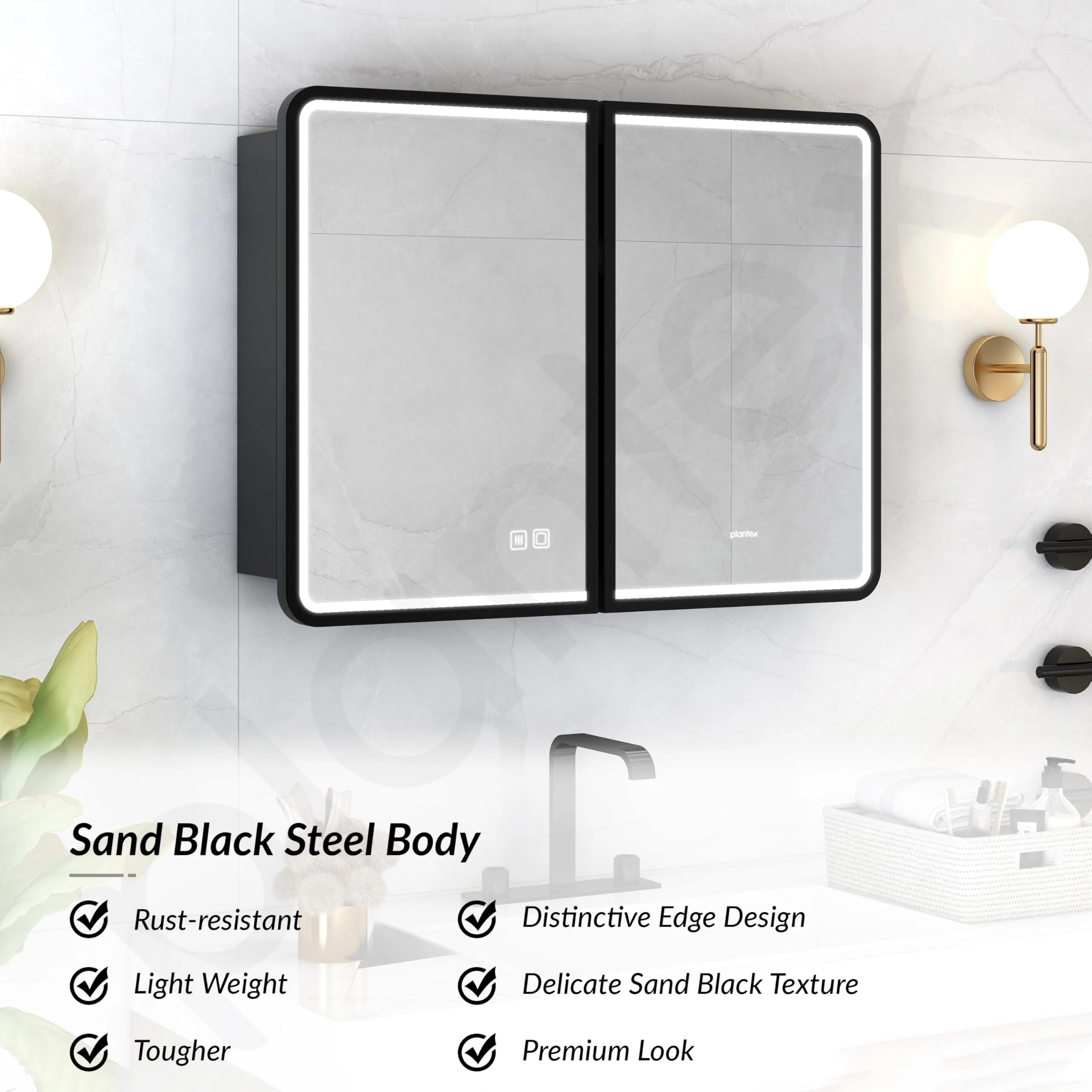 Plantex Steel Bathroom Mirror Cabinet with LED/Bathroom Organiser/Double Door Rectangle Cabinet/Shelf for Wall with Mirror (32x24 Inch-Black) - Image 5