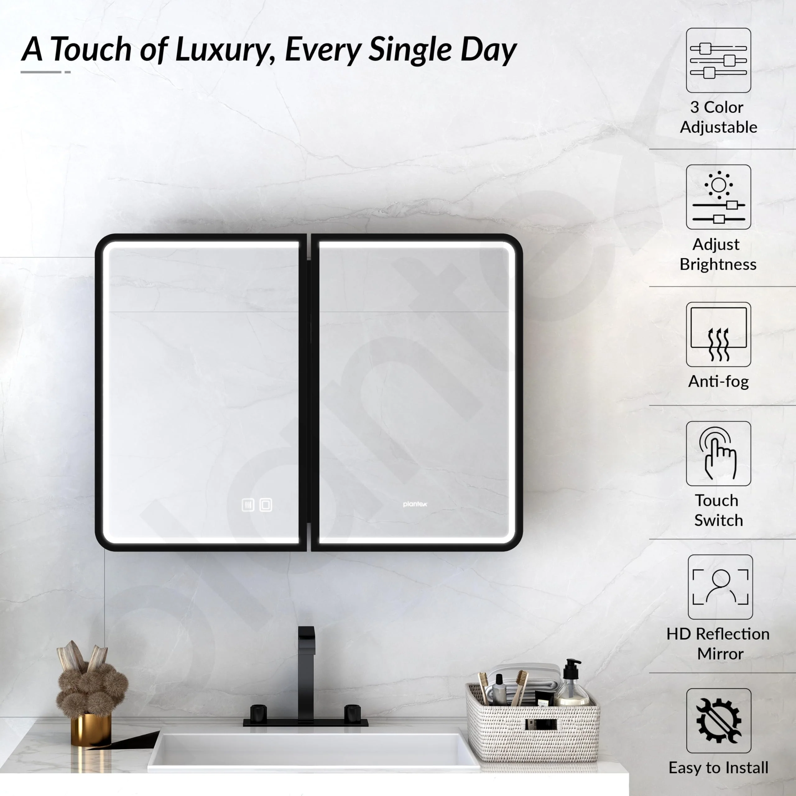 Plantex Steel Bathroom Mirror Cabinet with LED/Bathroom Organiser/Double Door Rectangle Cabinet/Shelf for Wall with Mirror (32x24 Inch-Black) - Image 6