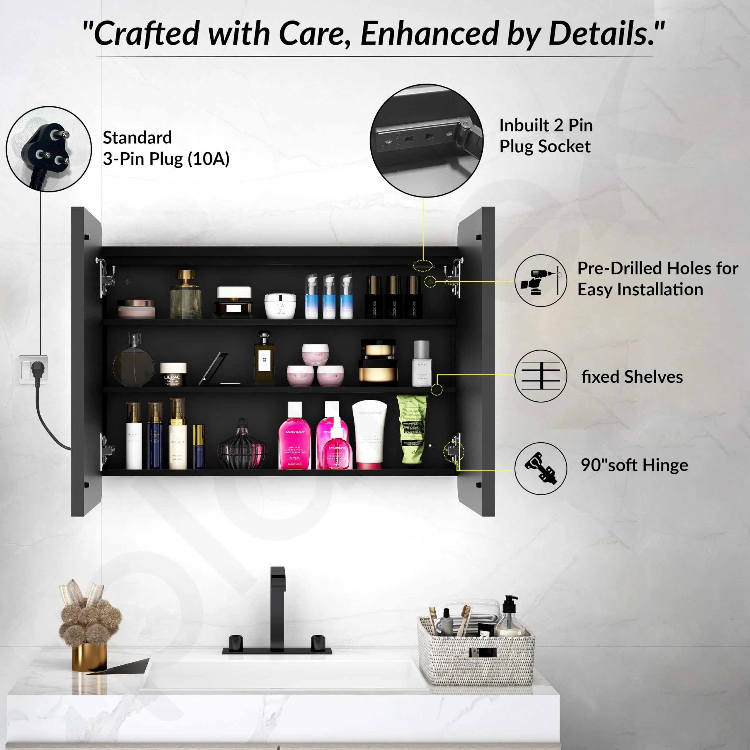 Plantex Steel Bathroom Mirror Cabinet with LED/Bathroom Organiser/Double Door Rectangle Cabinet/Shelf for Wall with Mirror (32x24 Inch-Black) - Image 7