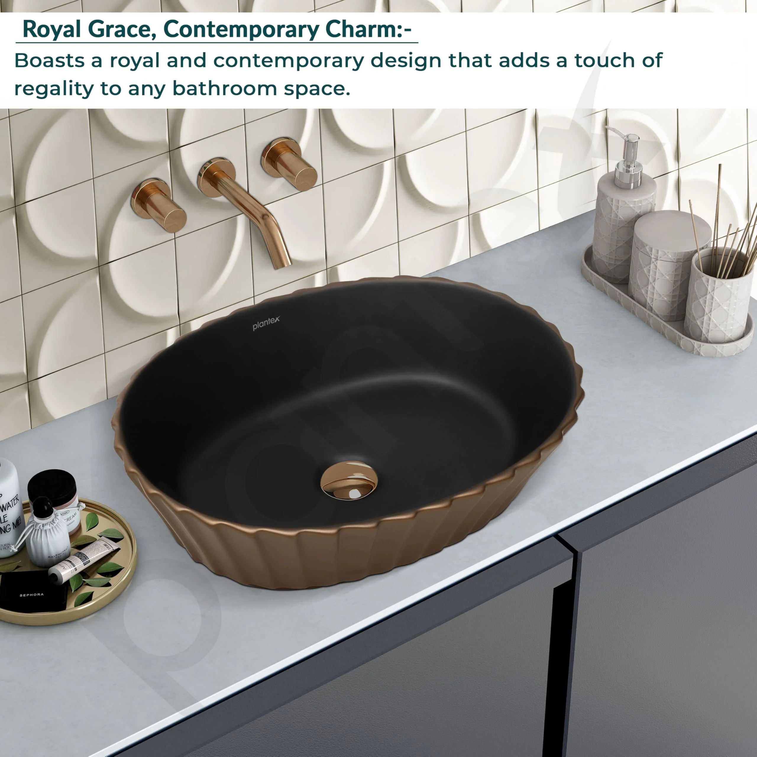 Plantex Table Top Wash Basin/Designer Ceramic Basin/Oval Basin for Bathroom/Home/Office/Hotel (Black & Red Copper - 19 x 15 x 5 Inch) - Image 2