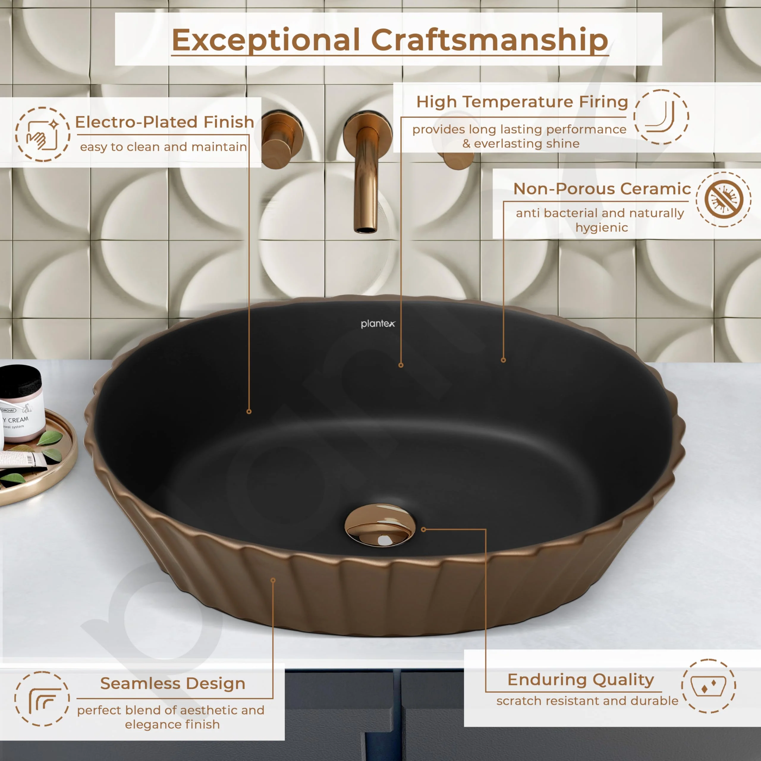 Plantex Table Top Wash Basin/Designer Ceramic Basin/Oval Basin for Bathroom/Home/Office/Hotel (Black & Red Copper - 19 x 15 x 5 Inch) - Image 4