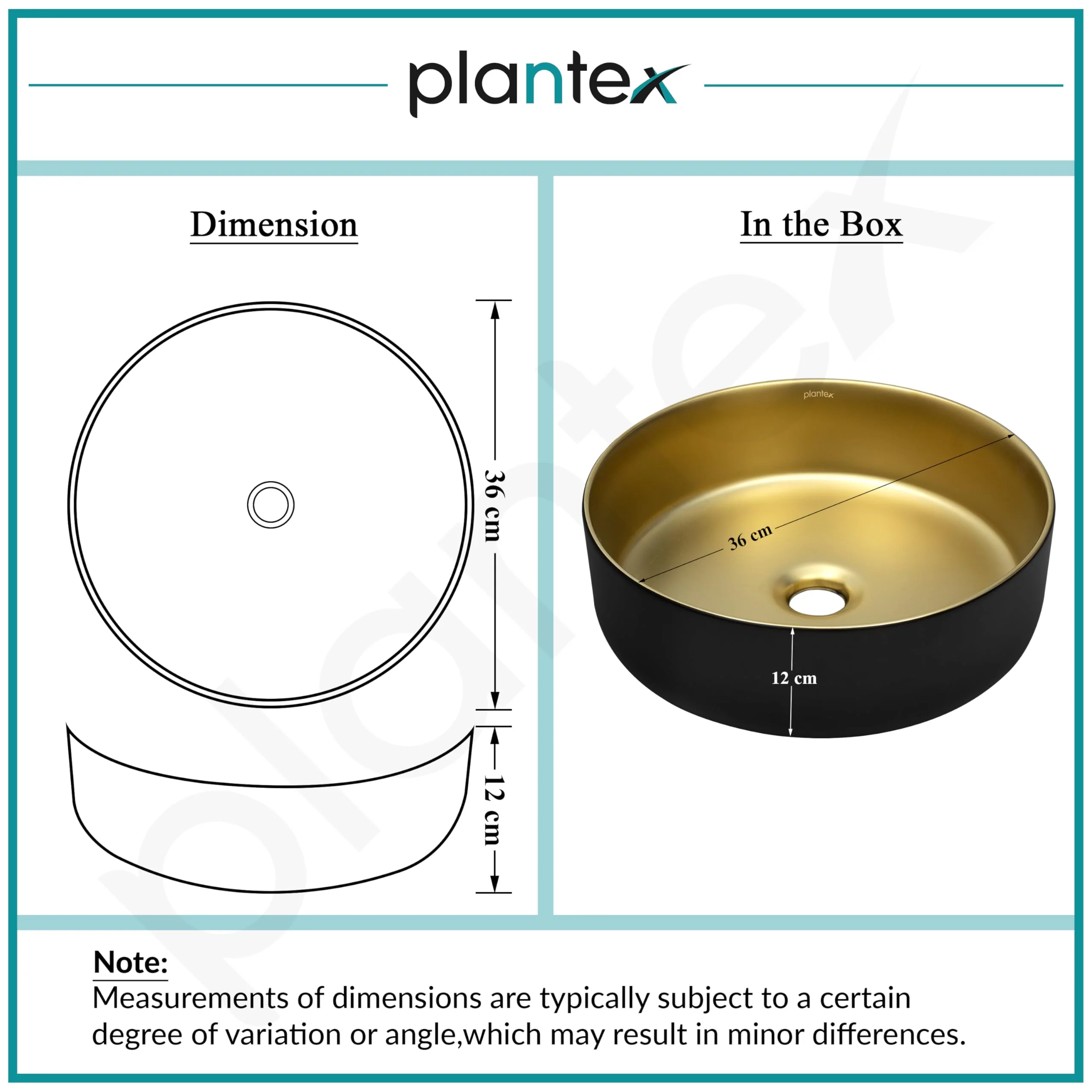 Plantex Table Top Wash Basin for Bathroom/Designer Ceramic Basin/Round Countertop Vessel Sink Basin for Home/Office/Hotel (Black & Gold - 14 x 14 x 5 Inch) - Image 3