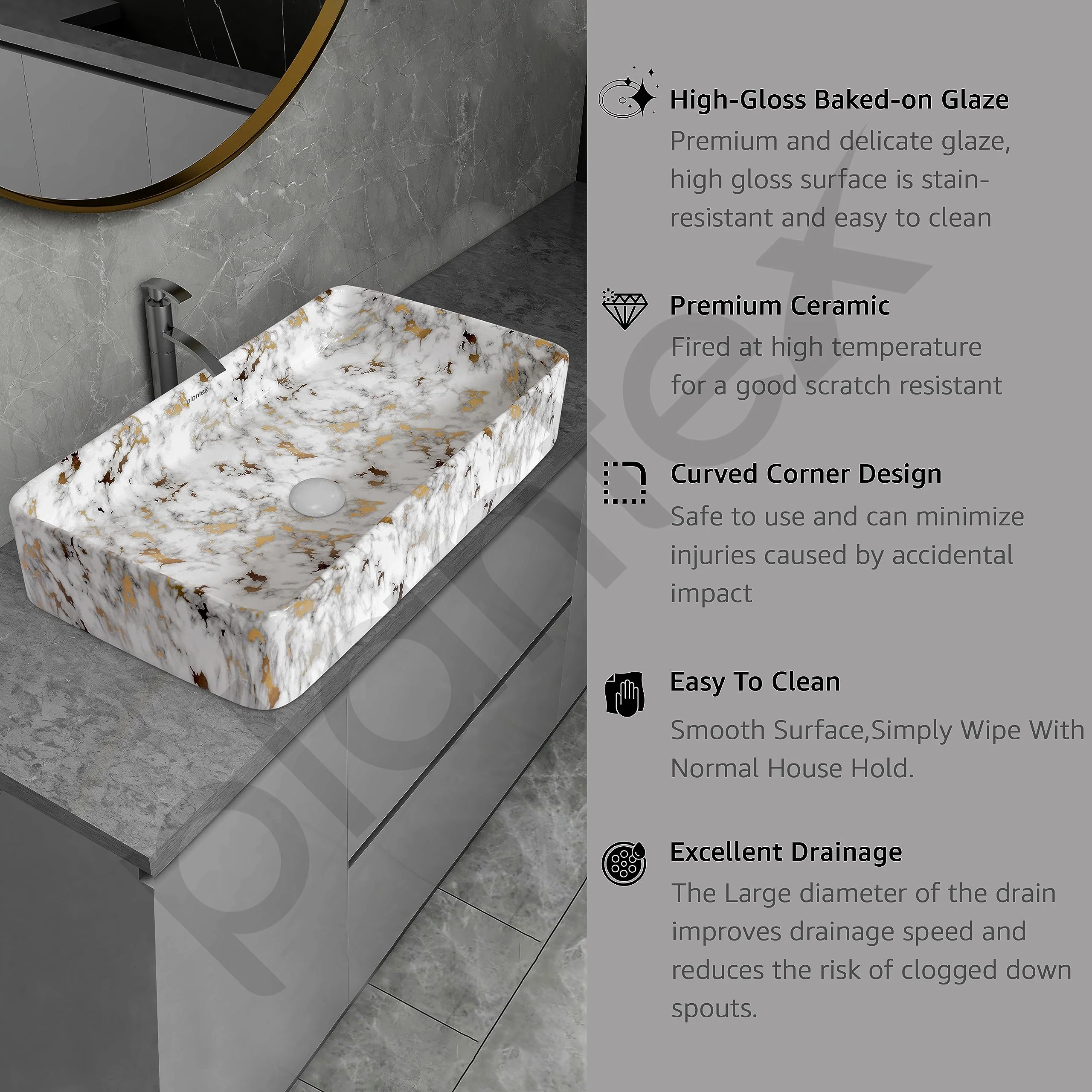 Plantex Tabletop Wash Basin/Bathroom Sink/Wash Basin Over Counter/Designer Ceramic Wash Basin for Bathroom (Marble Finish, 24 x 13 x 5 Inch) - Image 4