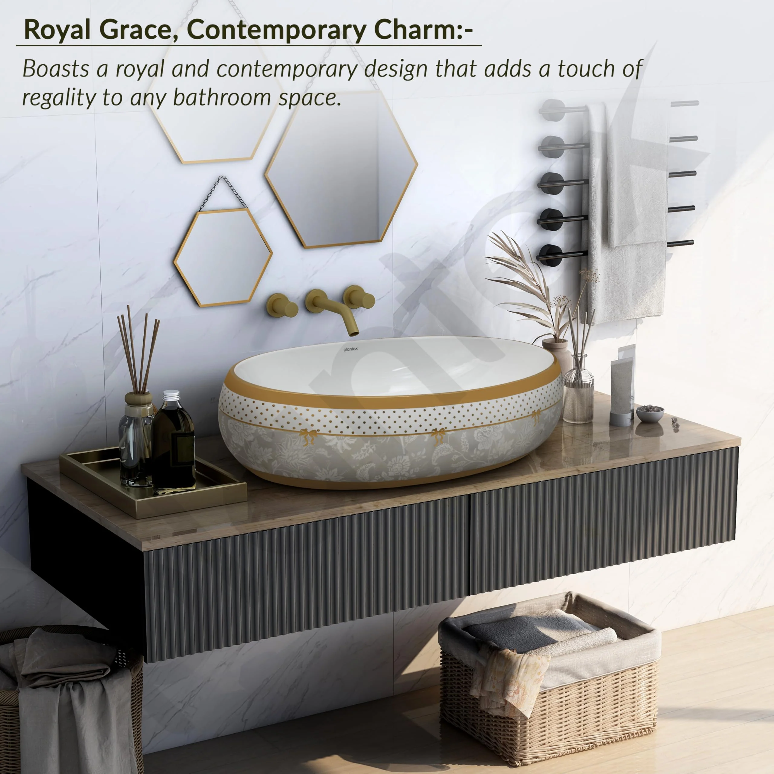 Plantex Tabletop Wash Basin for Bathroom/Designer Ceramic Basin/Countertop Vessel Sink Basin for Home/Hotel - (16016, White & Gold) - Image 2