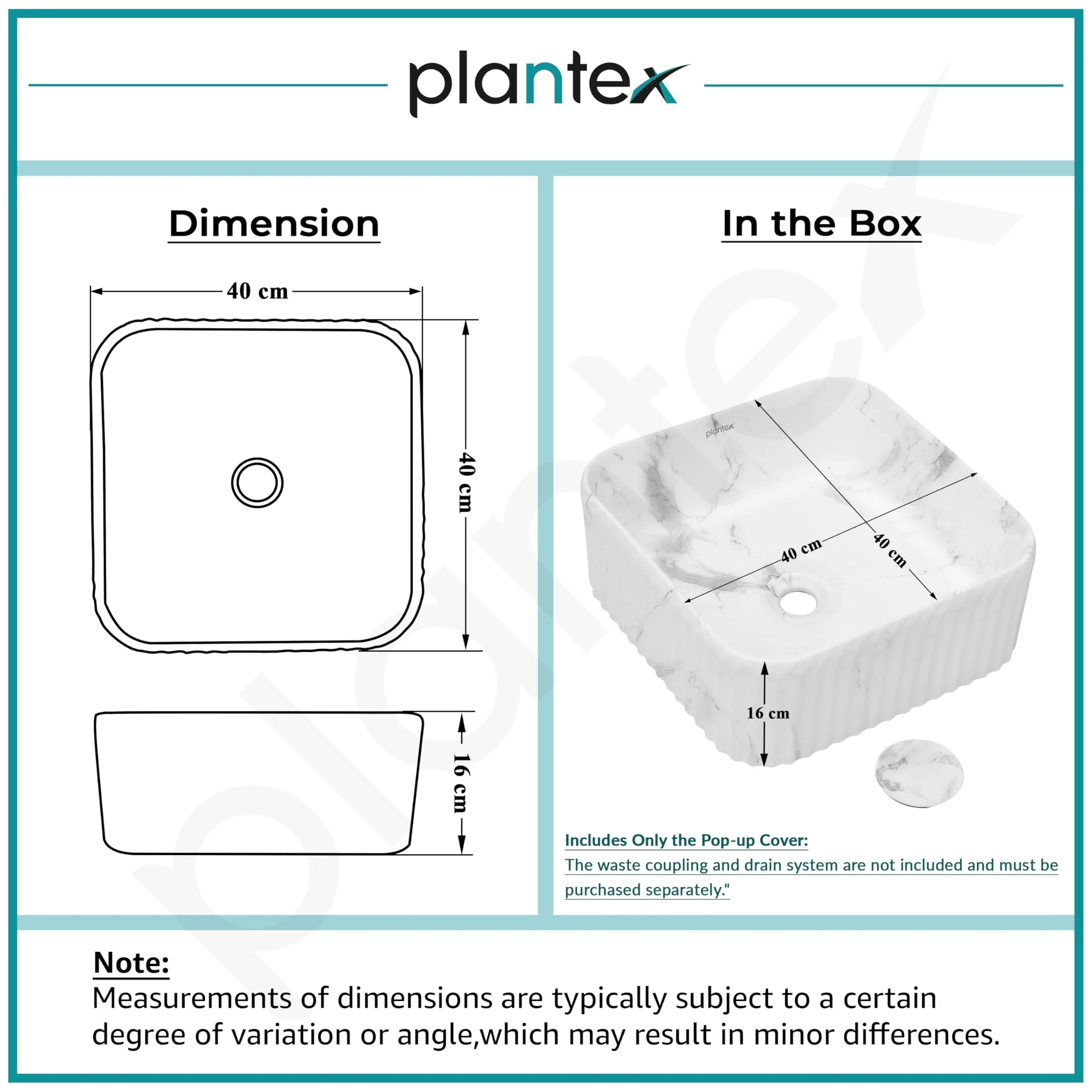 Plantex Tabletop Wash Basin for Bathroom/Designer Ceramic Basin/Countertop Wash Basin/Home/Office (Marble White - 16 x 16 x 6.5 Inch) - Image 3