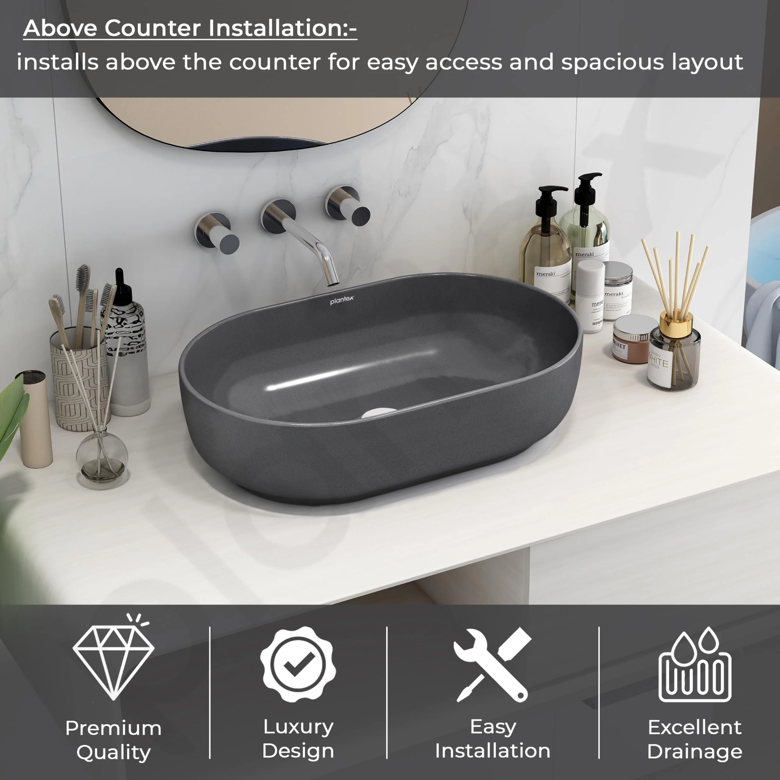 Plantex Tabletop Wash Basin for Bathroom/Designer Ceramic Basin/Countertop Wash Basin/Home/Office (Metalic grey - 22 x 14 x 6 Inch) - Image 2