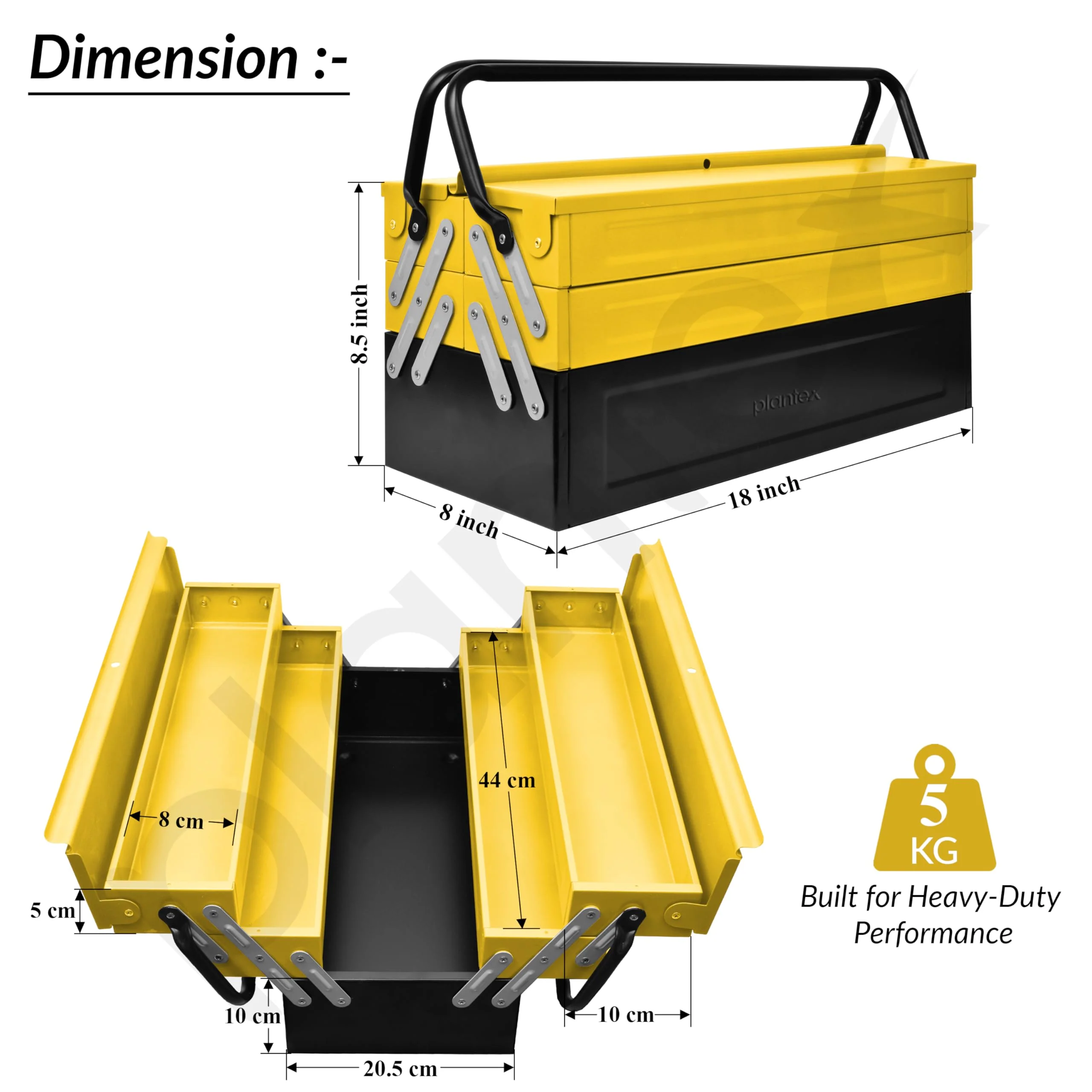 Plantex Tool Box Empty/18" Metal Tool Organizer 5- Compartments Metal Tool Boxs/Empty Tool Boxs/Tools Organizer Box - (Yellow & Black) - Image 3