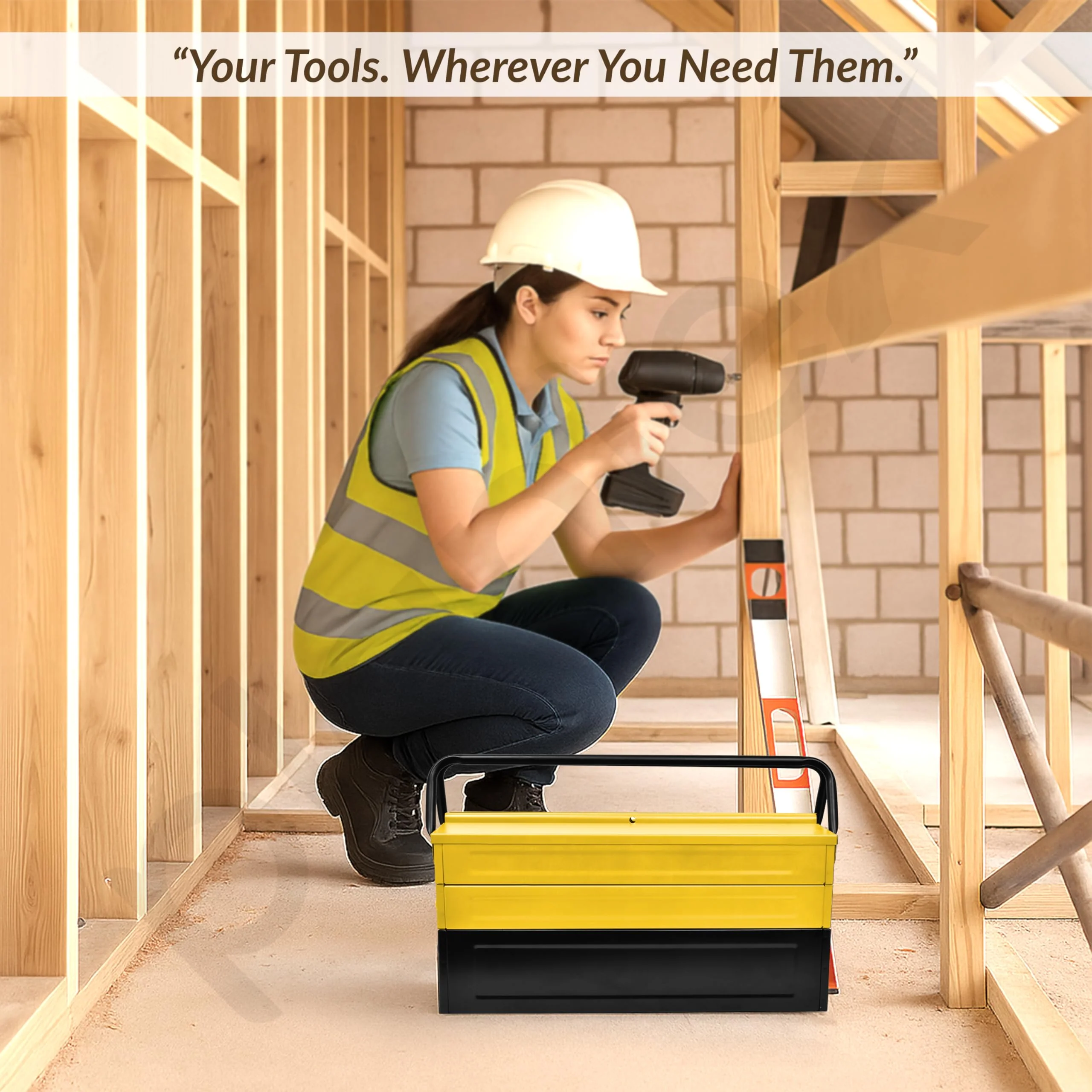 Plantex Tool Box Empty/18" Metal Tool Organizer 5- Compartments Metal Tool Boxs/Empty Tool Boxs/Tools Organizer Box - (Yellow & Black) - Image 4