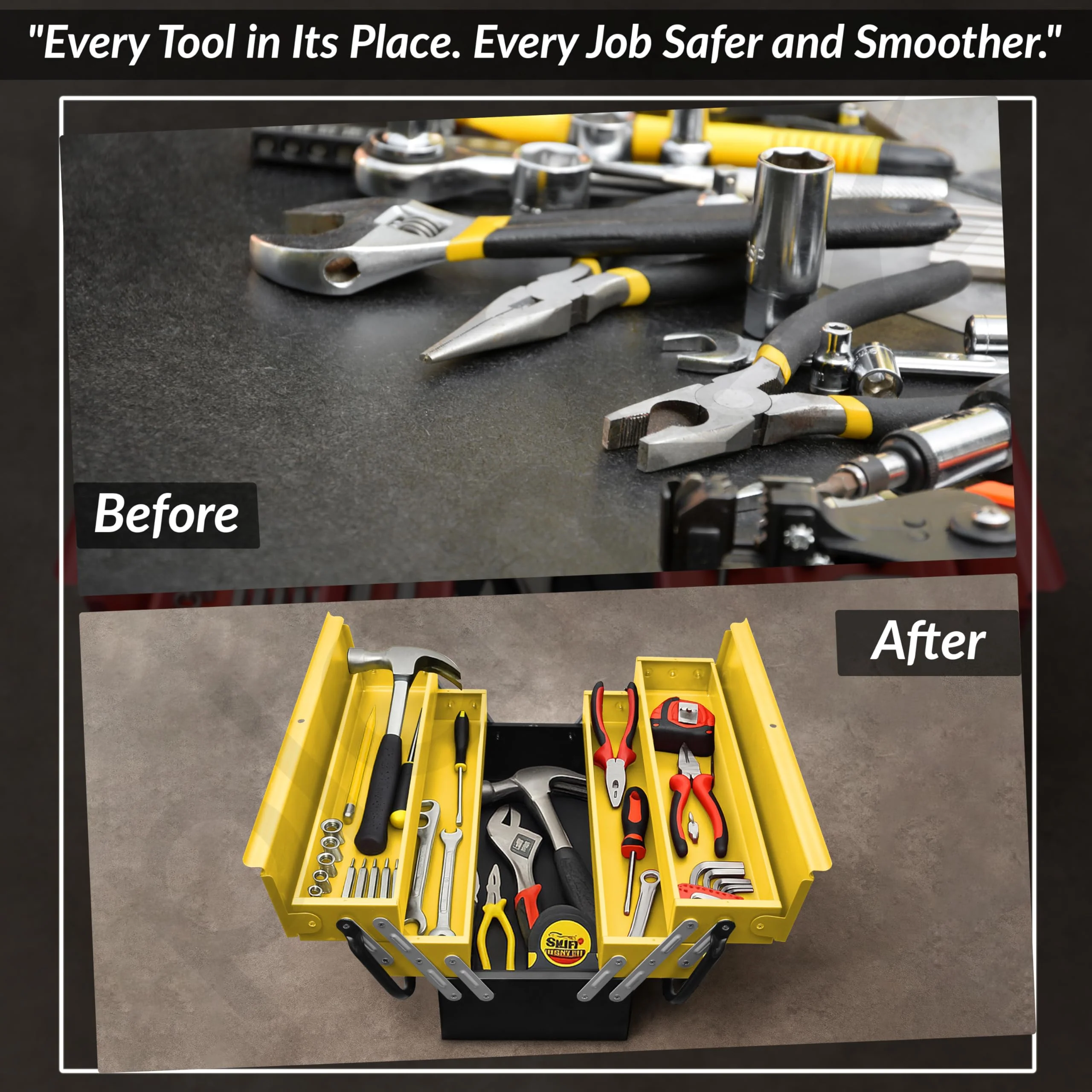 Plantex Tool Box Empty/18" Metal Tool Organizer 5- Compartments Metal Tool Boxs/Empty Tool Boxs/Tools Organizer Box - (Yellow & Black) - Image 5
