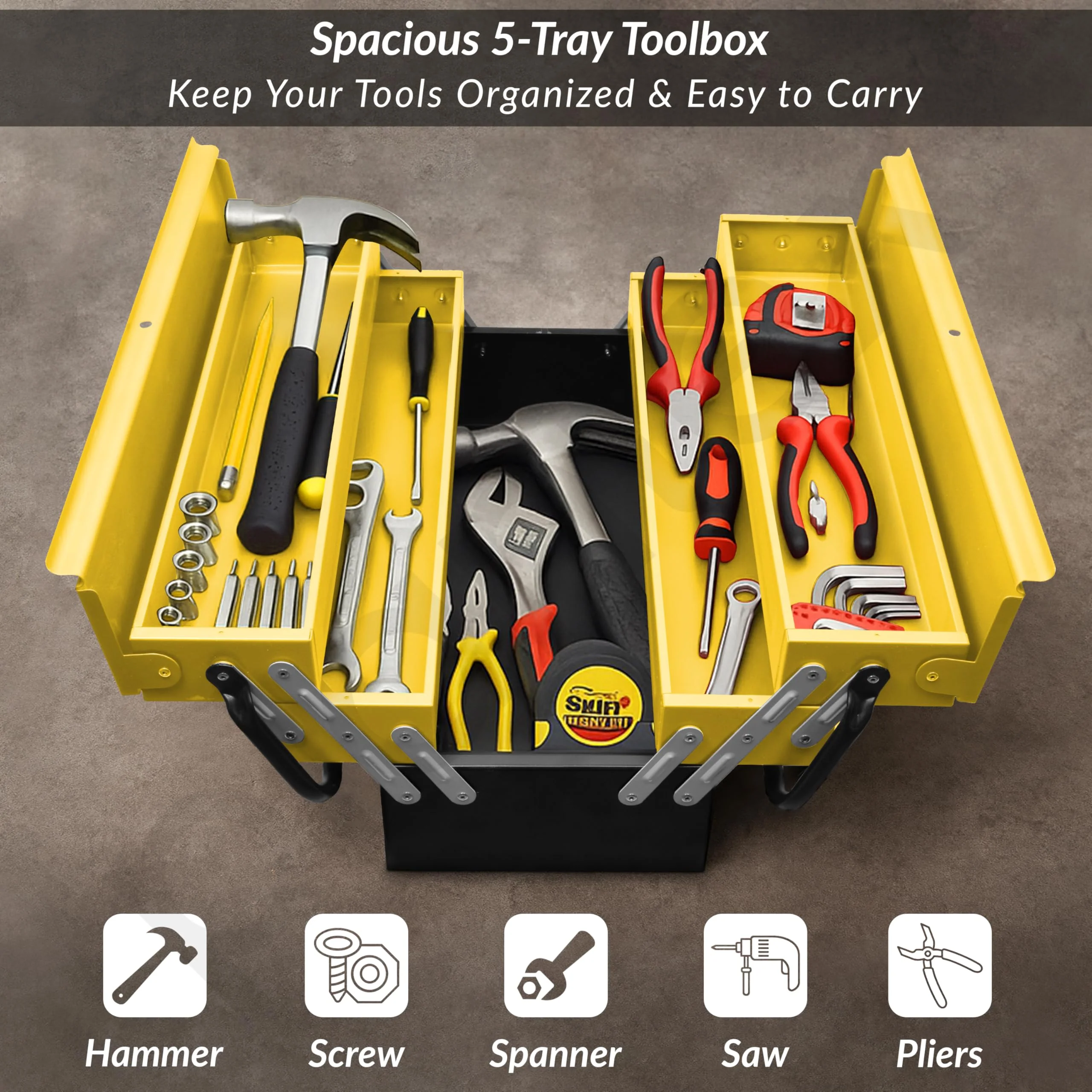 Plantex Tool Box Empty/18" Metal Tool Organizer 5- Compartments Metal Tool Boxs/Empty Tool Boxs/Tools Organizer Box - (Yellow & Black) - Image 7