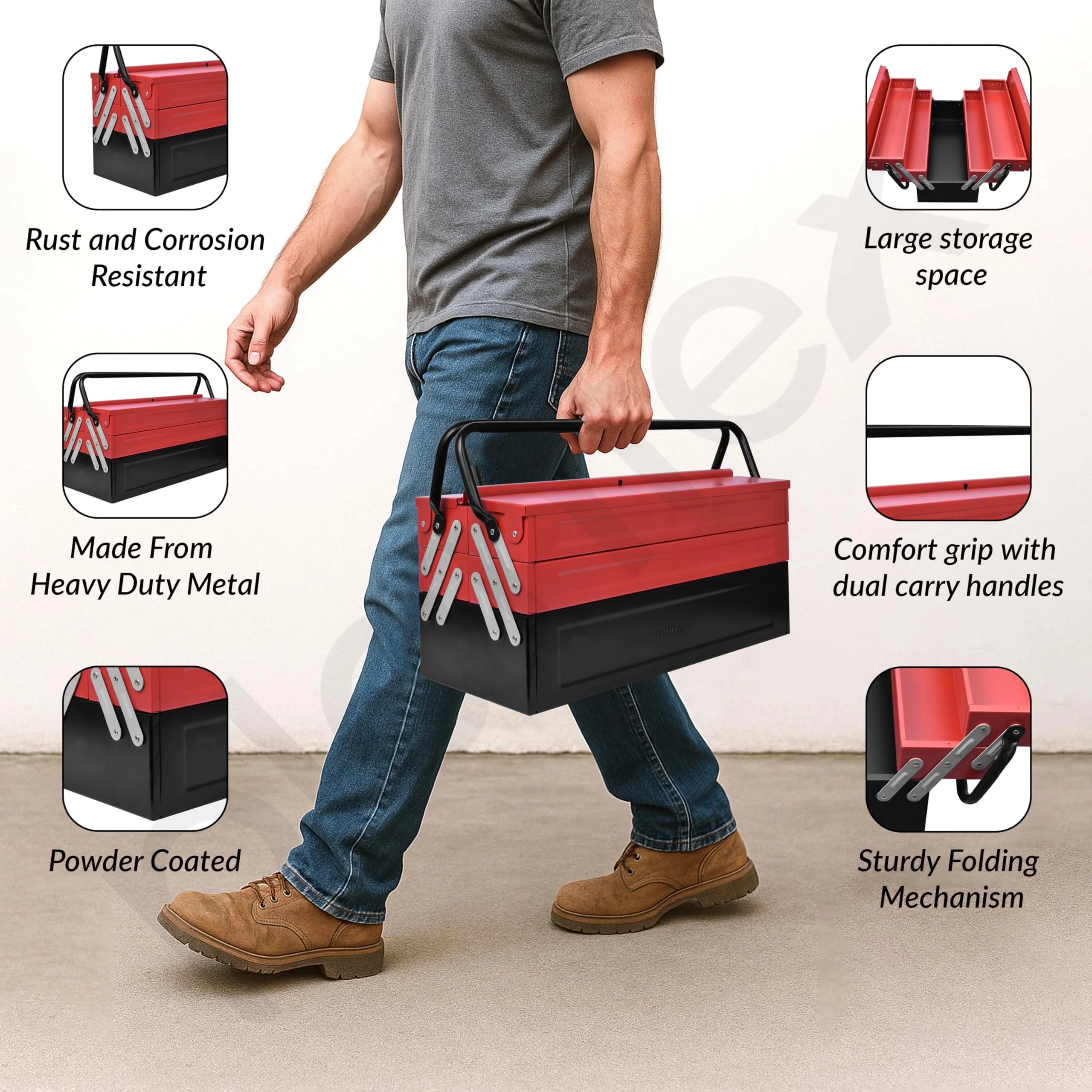 Plantex Tool Box Empty/Sturdy Tools Storage Box With Large Capacity/Empty Tool Box/Tool Organizer for Carpenter, Garage, And Home Essential Tools - 5 Compartments - (Red & Black) - Metal - Image 2