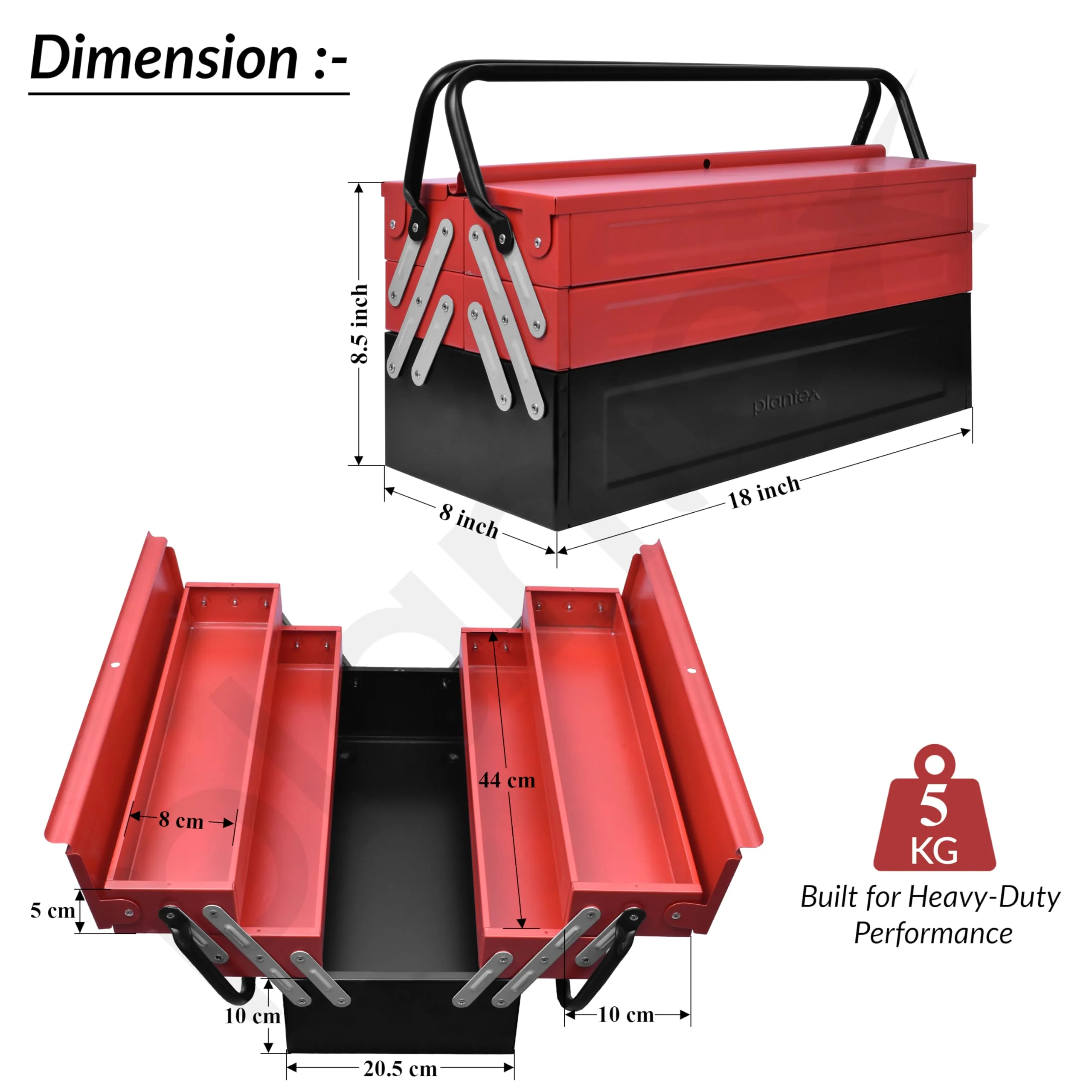 Plantex Tool Box Empty/Sturdy Tools Storage Box With Large Capacity/Empty Tool Box/Tool Organizer for Carpenter, Garage, And Home Essential Tools - 5 Compartments - (Red & Black) - Metal - Image 3