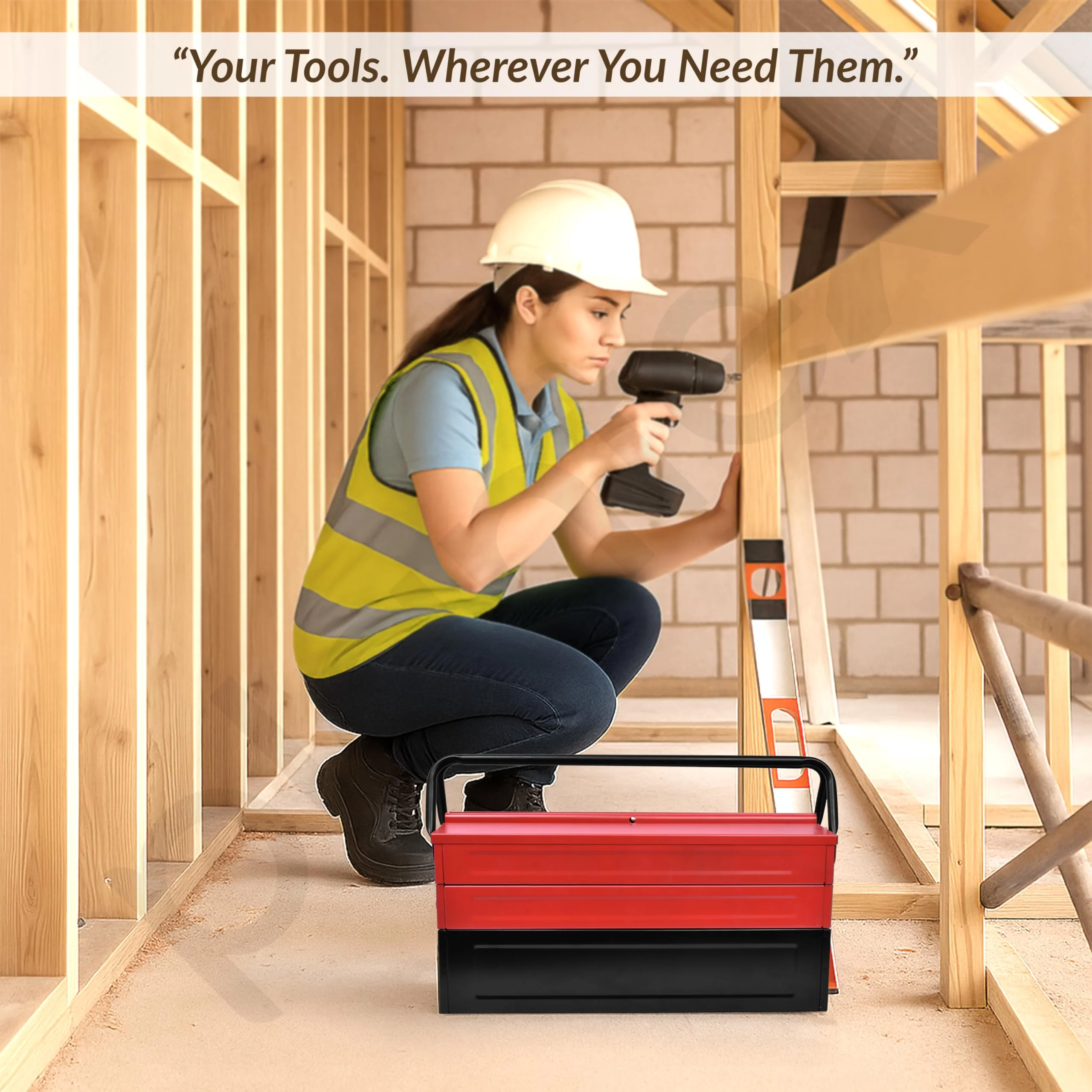 Plantex Tool Box Empty/Sturdy Tools Storage Box With Large Capacity/Empty Tool Box/Tool Organizer for Carpenter, Garage, And Home Essential Tools - 5 Compartments - (Red & Black) - Metal - Image 4