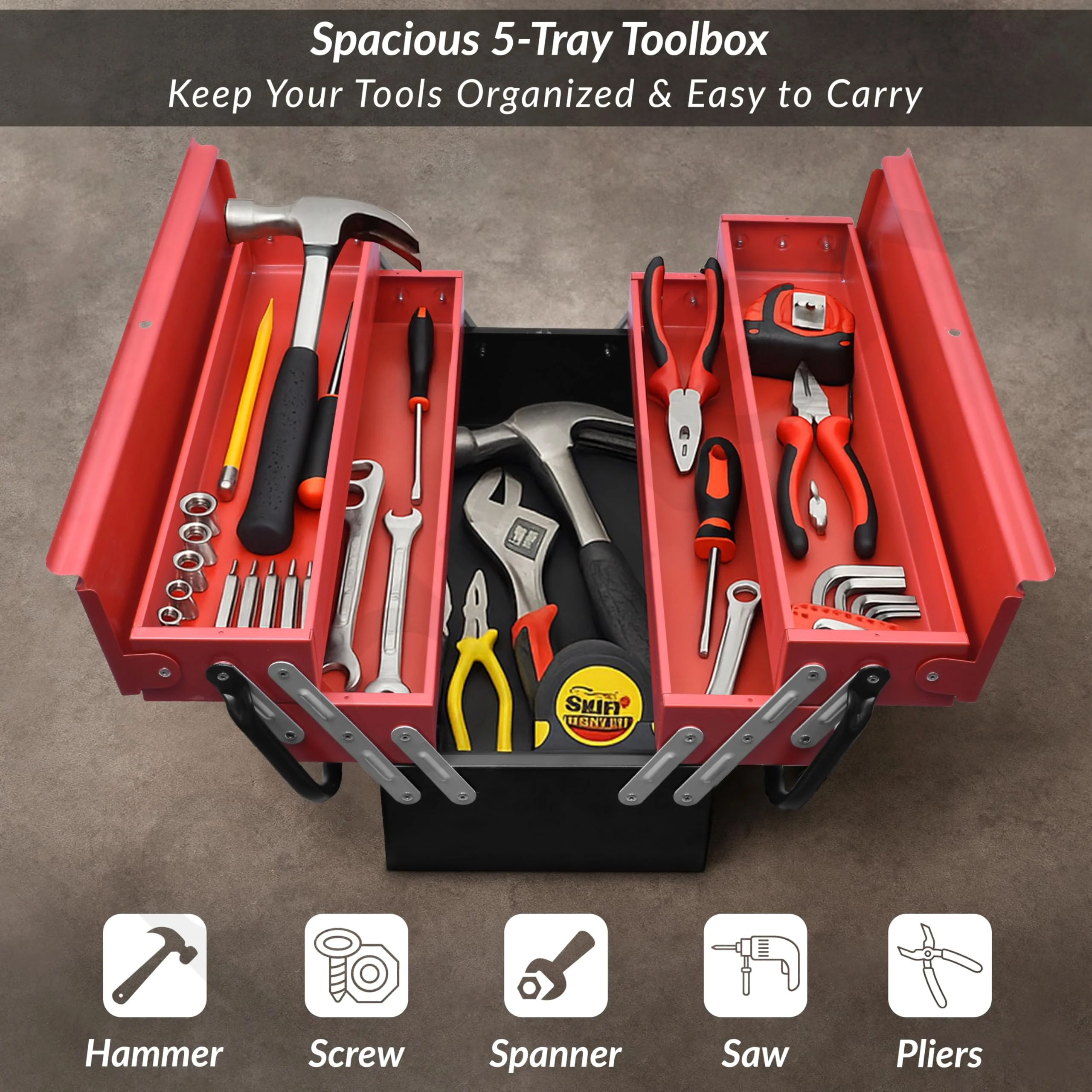 Plantex Tool Box Empty/Sturdy Tools Storage Box With Large Capacity/Empty Tool Box/Tool Organizer for Carpenter, Garage, And Home Essential Tools - 5 Compartments - (Red & Black) - Metal - Image 7