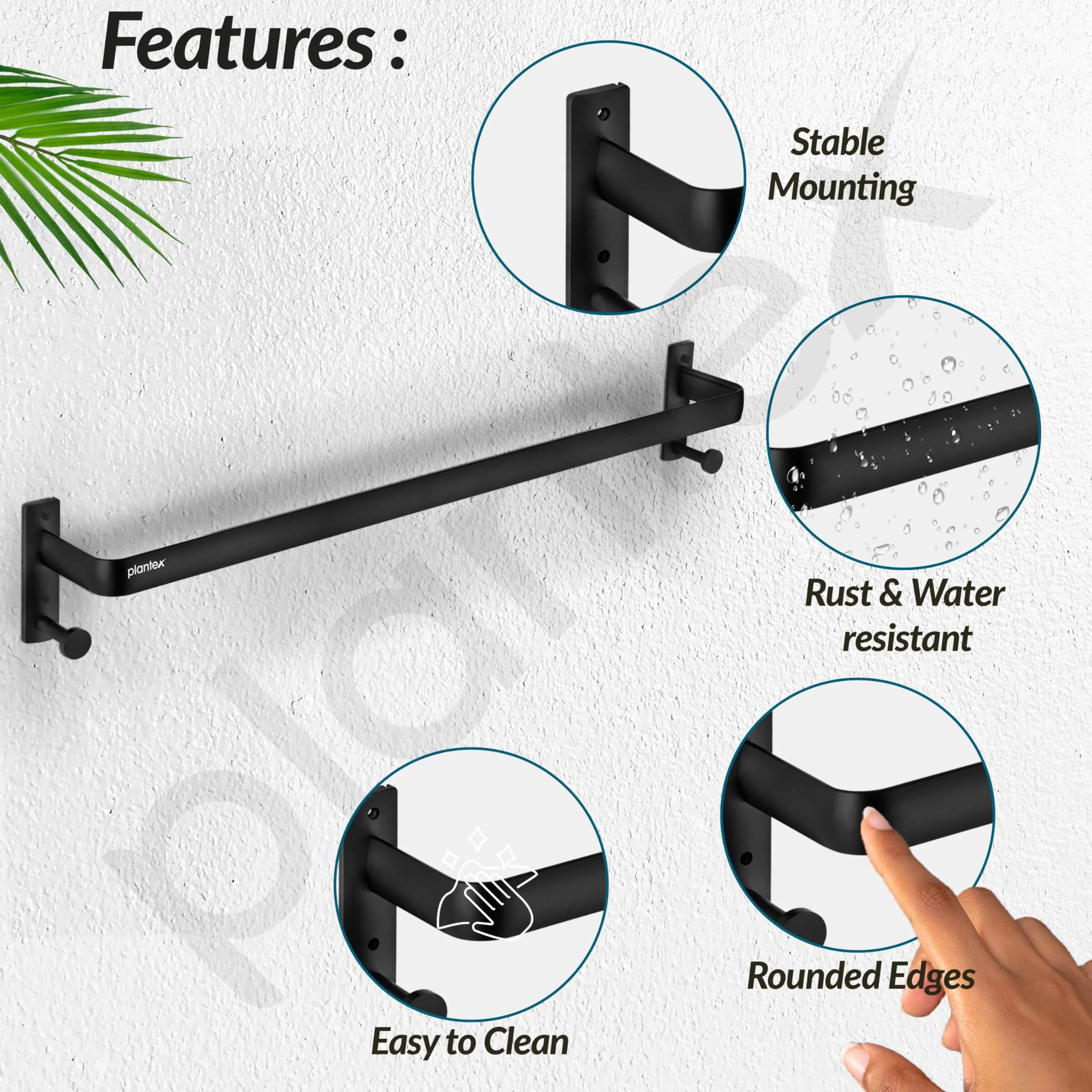 Plantex Towel Holder for Bathroom/24 inch Single Towel Rod/Towel Bar/Towel Hanger/Bathroom Accessories -Pack of 1 (1511, Black) - Image 2