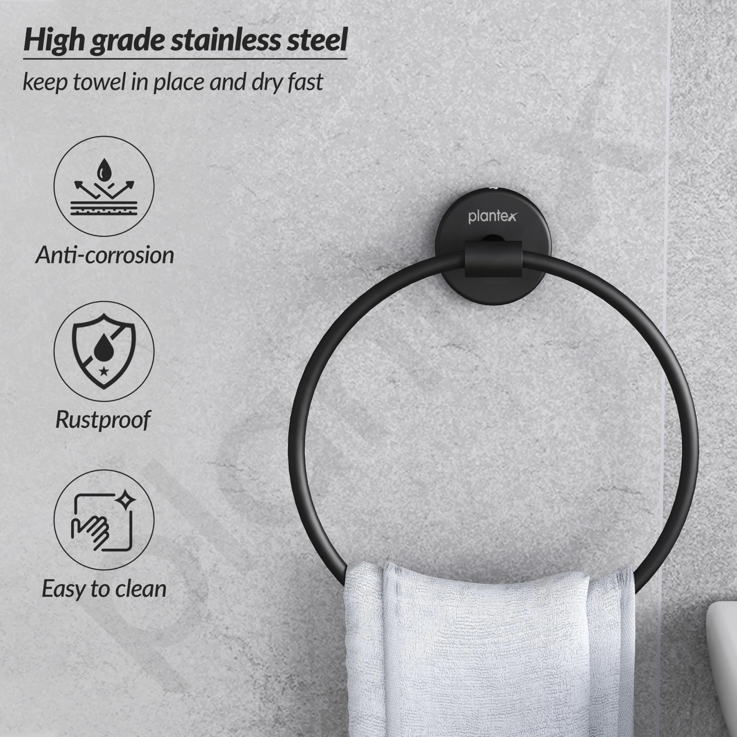 Plantex Towel Ring for Bathroom/Stainless Steel Towel Holder/Round Napkin Ring/Towel Stand for Bathroom/Bathroom Accessories - Pack of 1 (Black) - Image 5