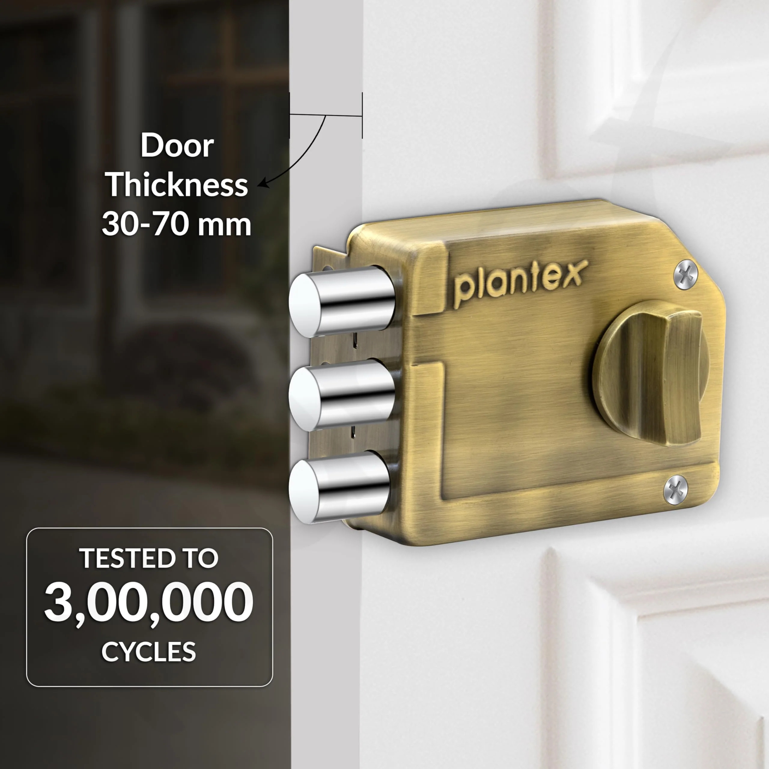 Plantex Tri-Bolt Lock for Main Door/Heavy Duty Door Lock with 4 Keys/Suitable on Single Door for Home/Office/Hotel - Pack of 1 (Brass Antique) - Image 2