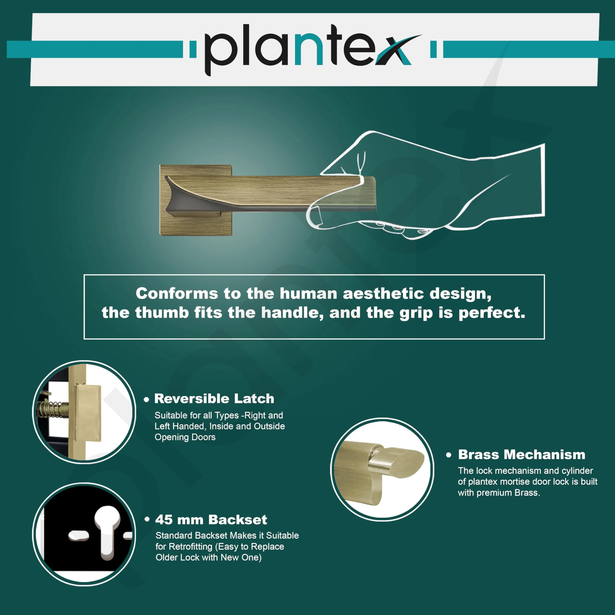 Plantex Triple Security Door Lock for Home/Main Door Lock Set with 3 Years of Warranty/Mortise Lock for Door with Brass Lock Body & Cylinder(7086 - Brass Antique & Satin Black Matt) - Image 4