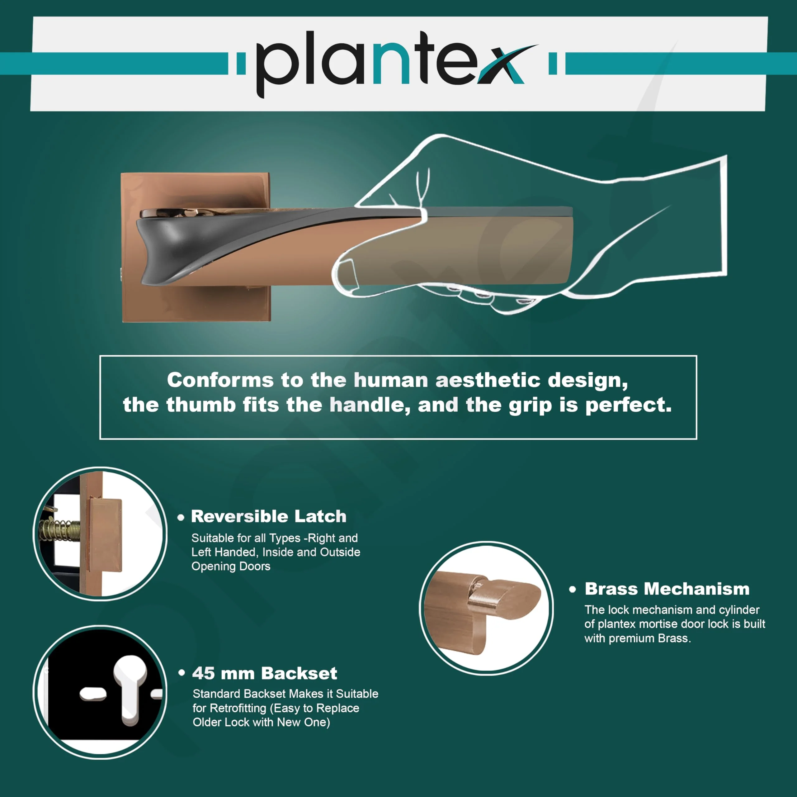 Plantex Triple Security Door Lock for Home/Main Door Lockset with 3 Years of Warranty/Mortise Locks for Door with Brass Lock Body & Cylinder(7086 - PVD Choco & Satin Black Matt) - Image 6