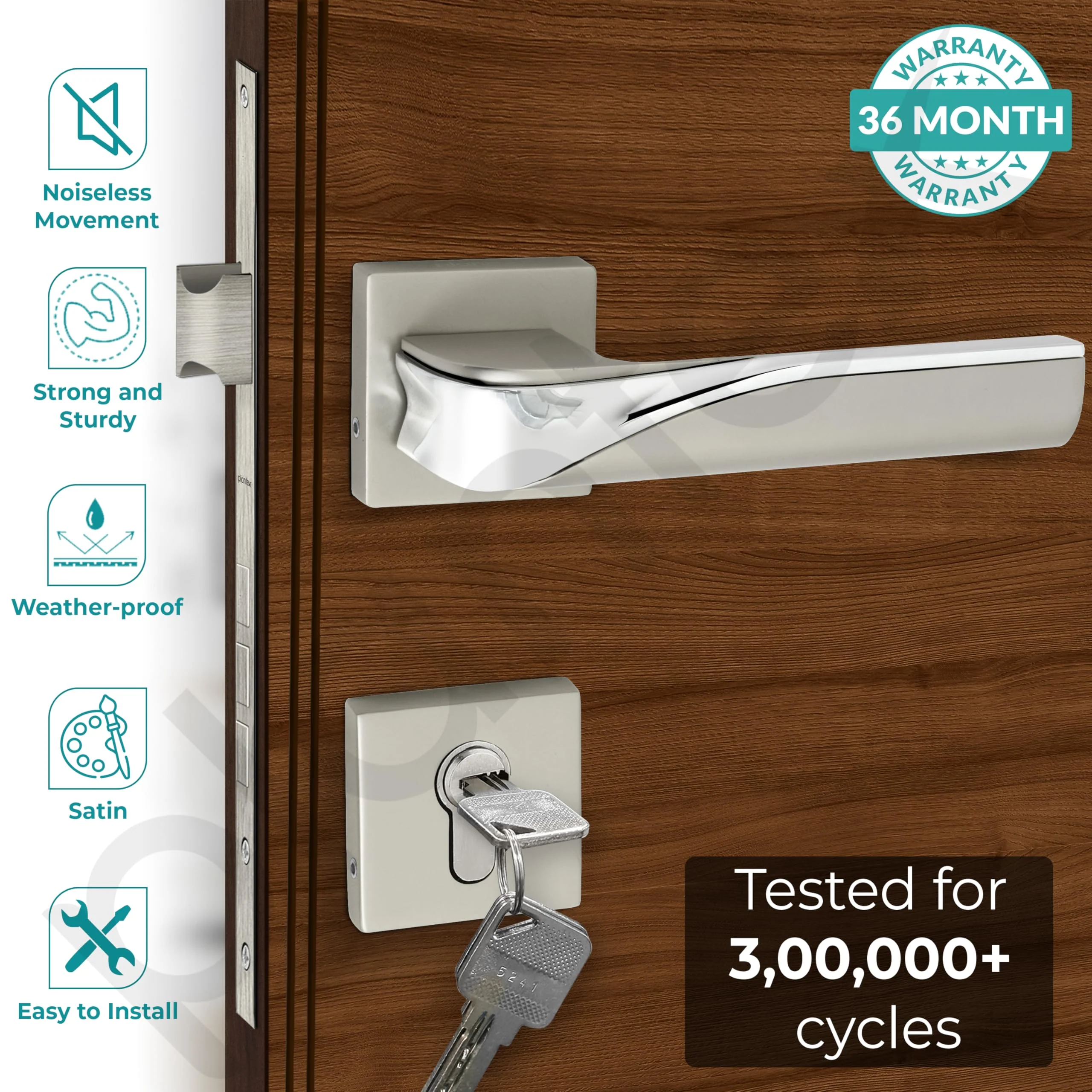 Plantex Triple Security Door Lock for Home/Main Doorlock Set with 3 Years of Warranty/Mortise Locks for Door with Brass Lock Body & Cylinder(7086 - Satin White & Chrome) - Image 2