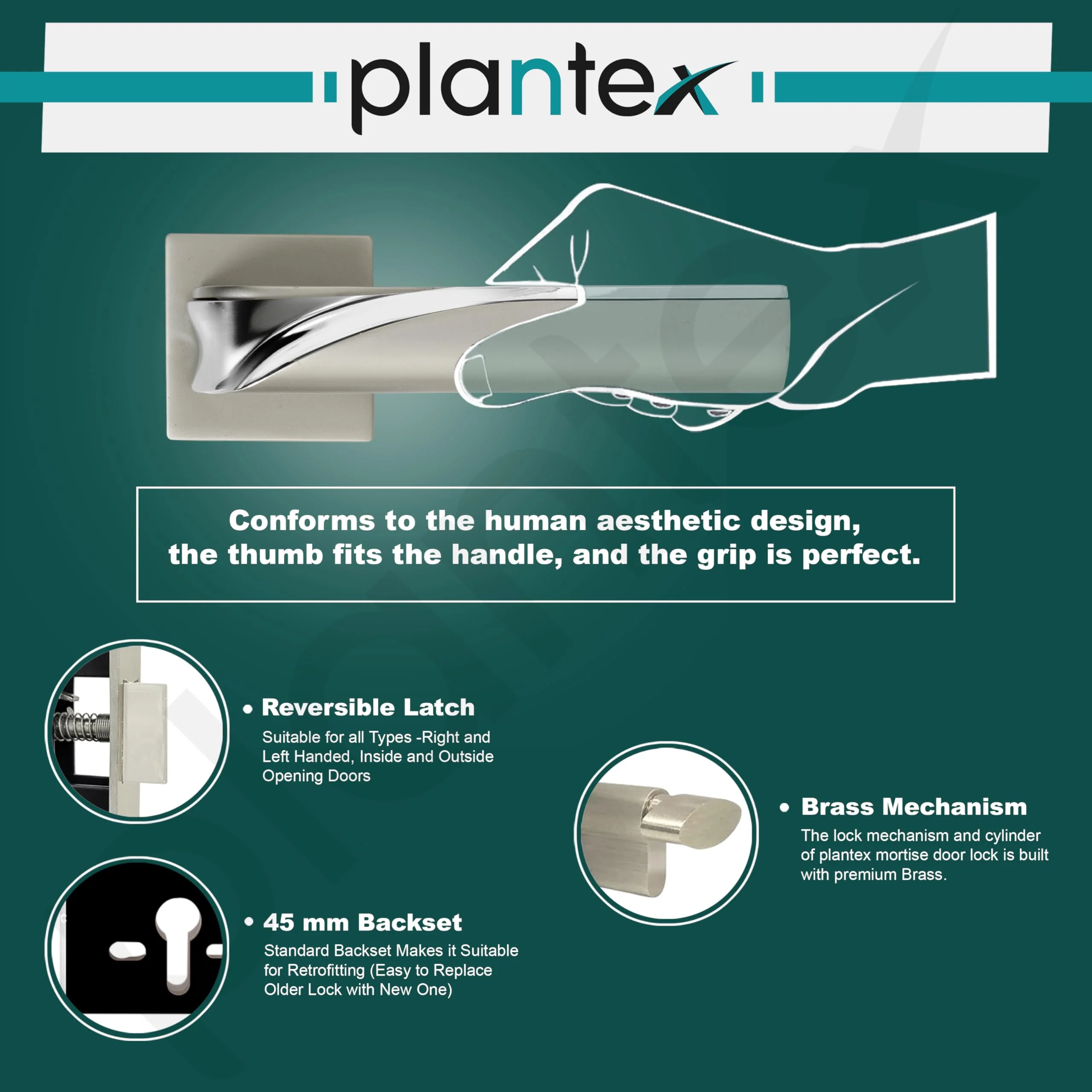 Plantex Triple Security Door Lock for Home/Main Doorlock Set with 3 Years of Warranty/Mortise Locks for Door with Brass Lock Body & Cylinder(7086 - Satin White & Chrome) - Image 6