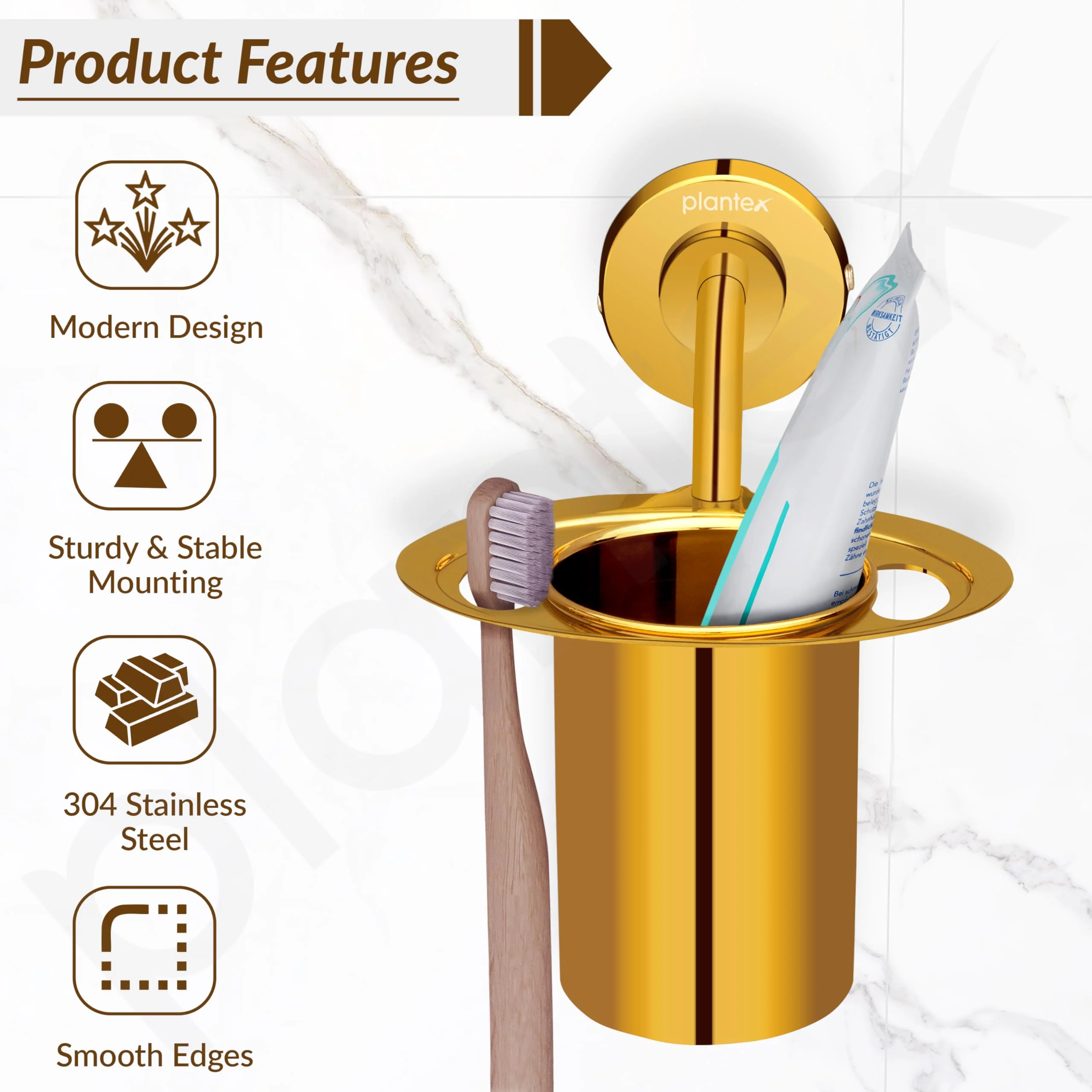 Plantex Tumbler Holder for Bathroom/304 Grade Stainless Steel Toothbrush Holder/Toothpaste/Razor Holder/Bathroom Accessories - Pack of 1 (Gold) - Image 2