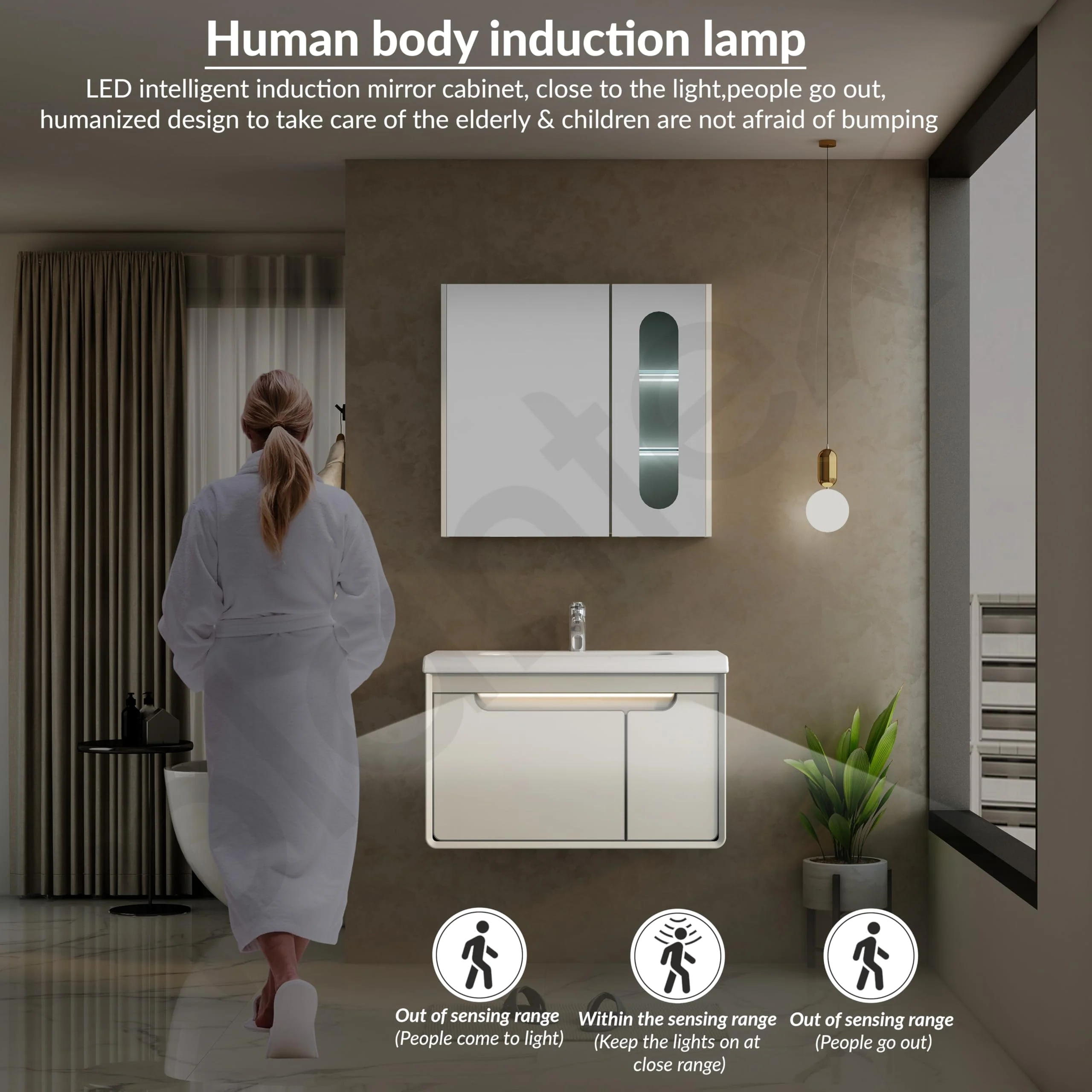 Plantex Unbreakable Wall Mount Wash Basin with Cabinet Full Set/Plywood Bathroom Vanity with Mirror, Coupling & Cabinet Motion Sensor Light (NZBC-35) - Image 4