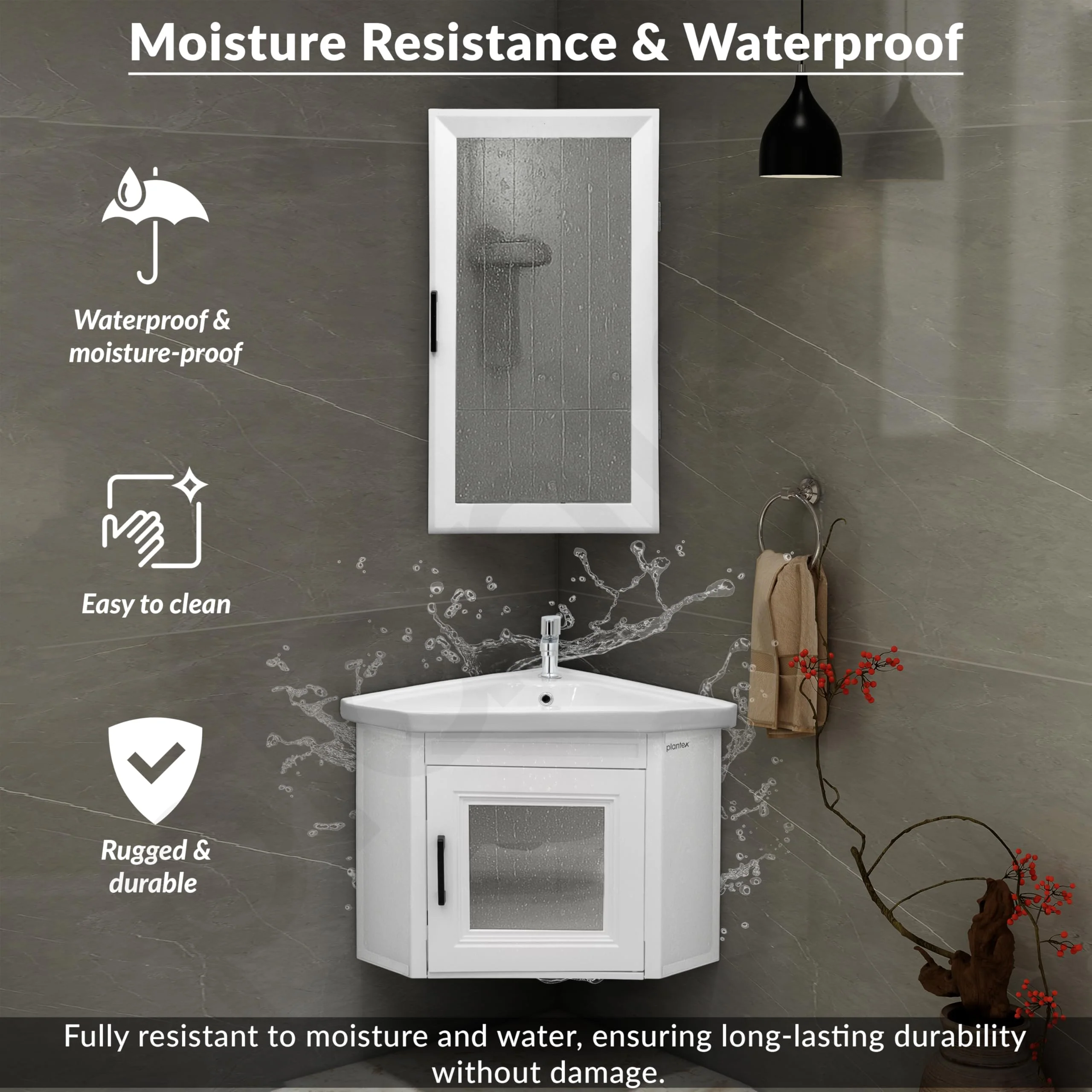 Plantex Unbrekable Wall Mount Vanity Cabinet with Washbasin and Mirror/Corner Basin with Cabinet for Bathroom - (406, White) - Image 2