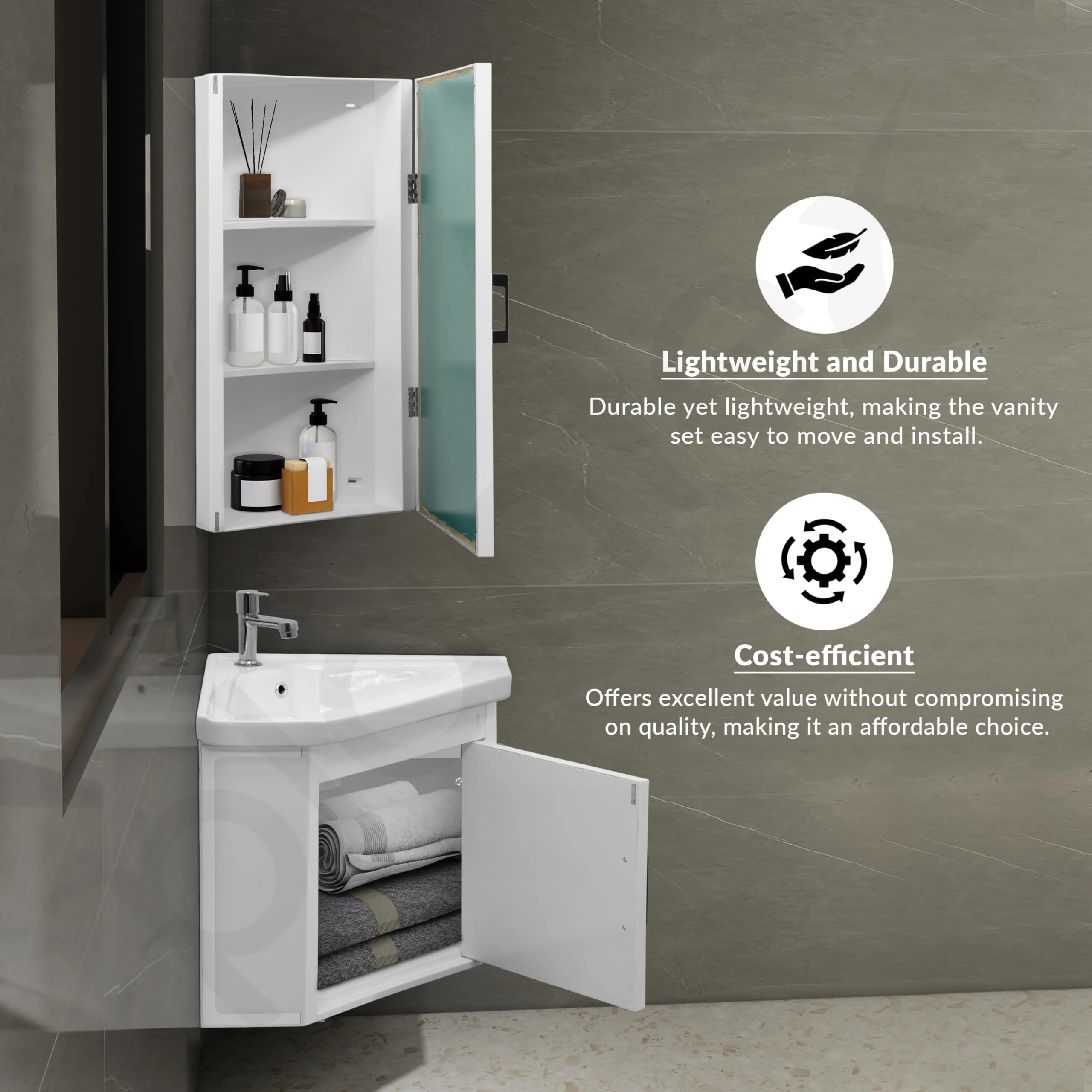 Plantex Unbrekable Wall Mount Vanity Cabinet with Washbasin and Mirror/Corner Basin with Cabinet for Bathroom - (406, White) - Image 4