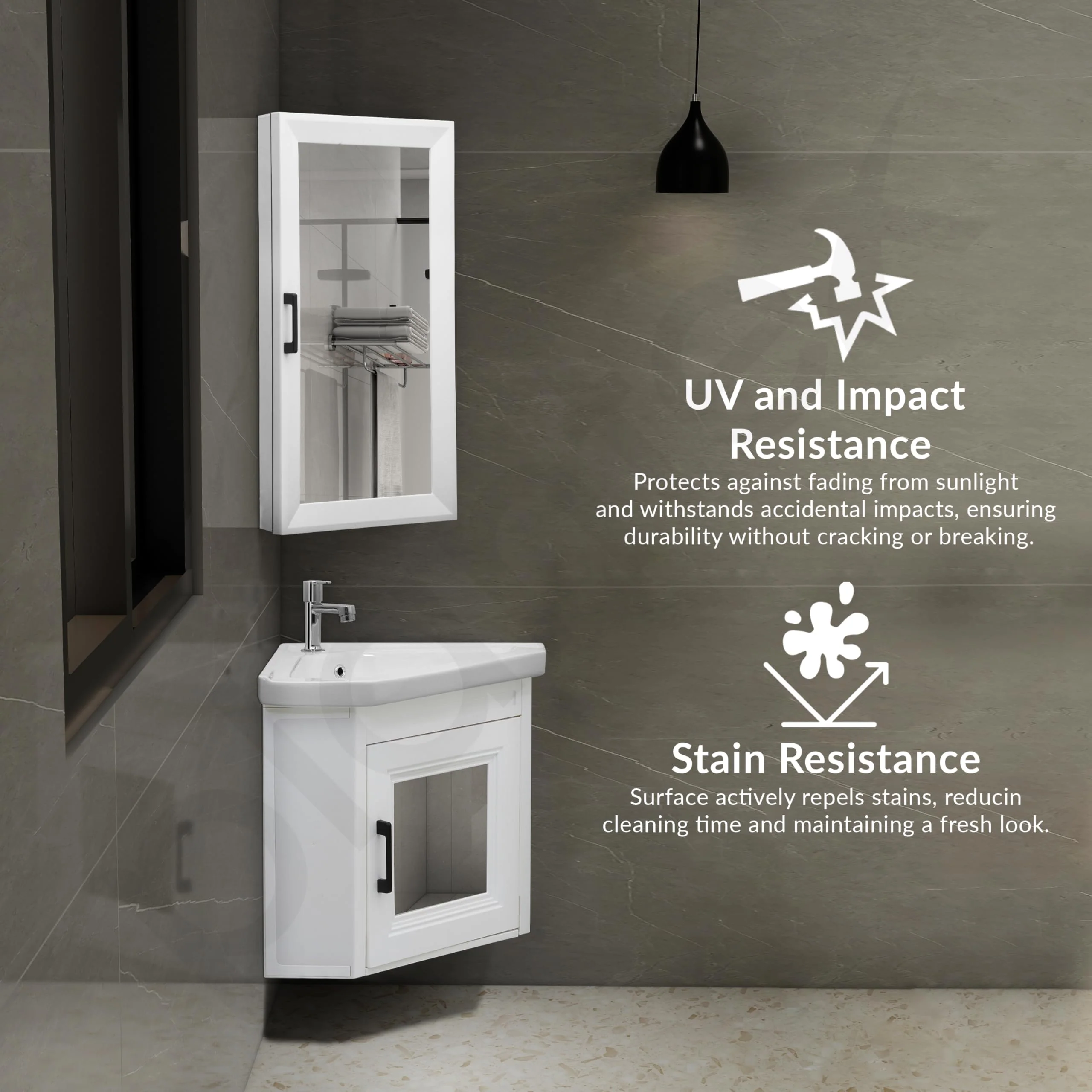 Plantex Unbrekable Wall Mount Vanity Cabinet with Washbasin and Mirror/Corner Basin with Cabinet for Bathroom - (406, White) - Image 6
