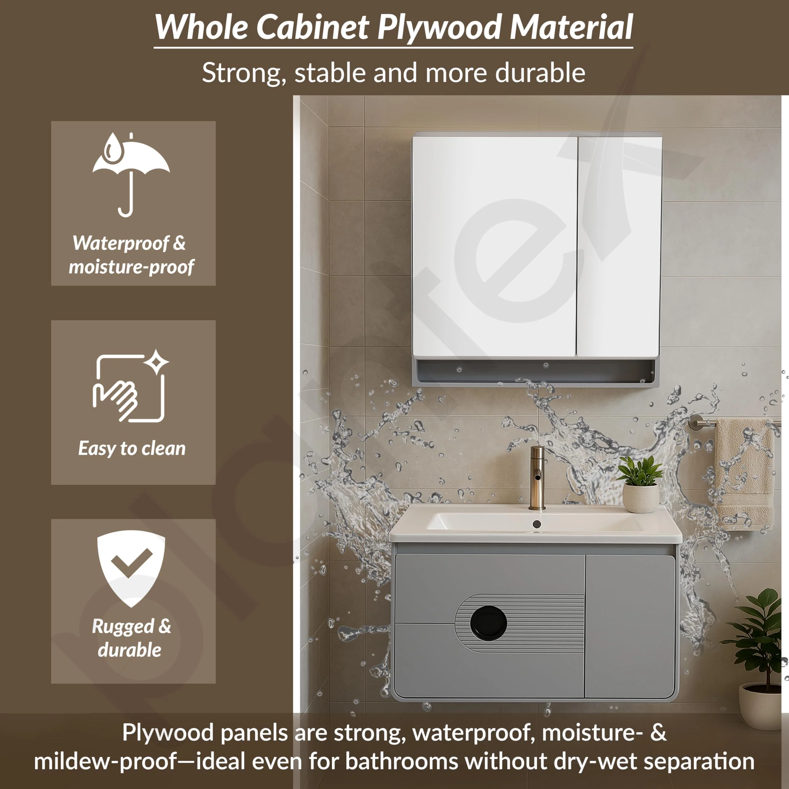 Plantex Unbrekable Wash Basin with Cabinet/Plywood Rectangle Vanity with Basin/Bathroom Organizer for Home with Coupling, Mirror and Cabinet Motion Sensor Light (NZBC-45) - Image 2