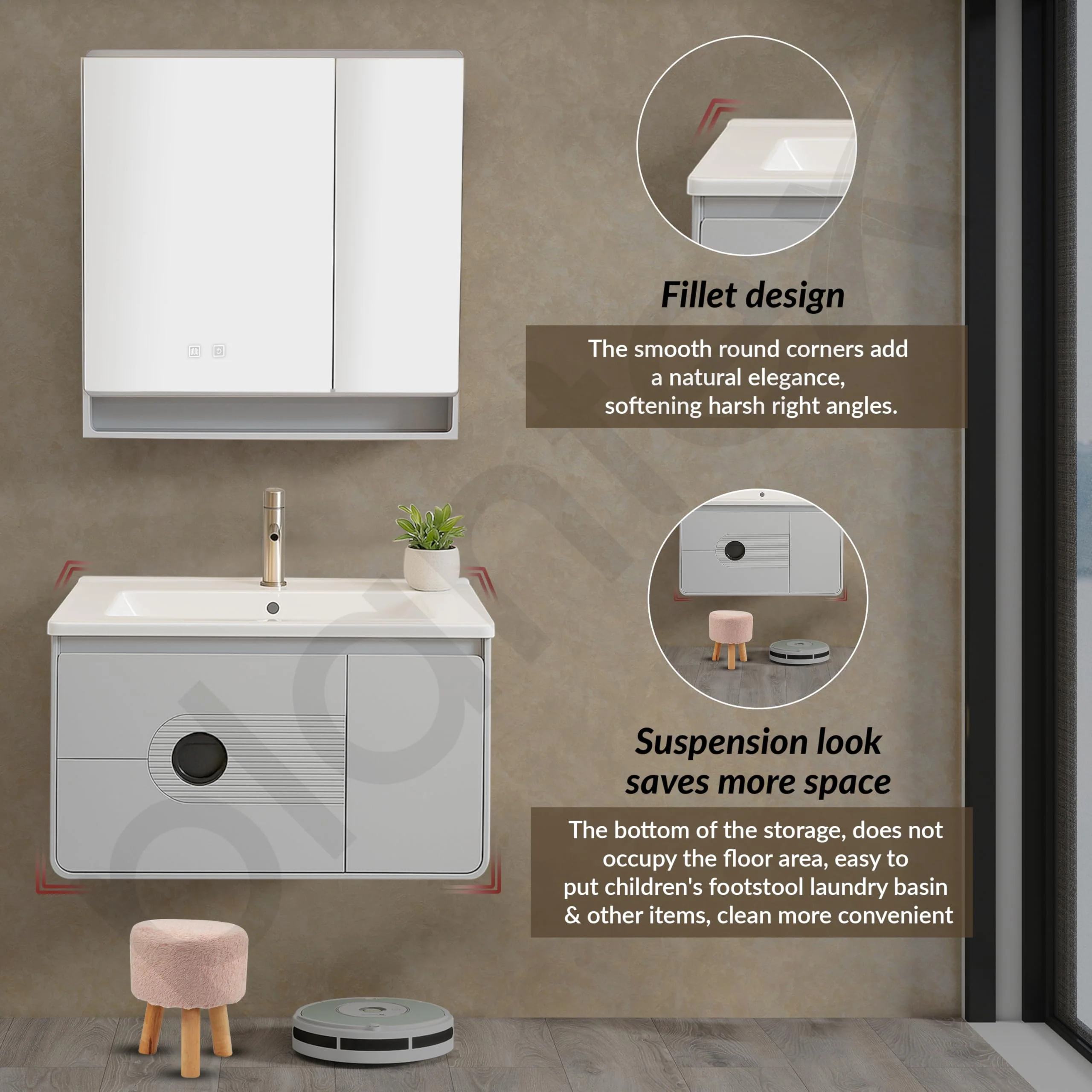 Plantex Unbrekable Wash Basin with Cabinet/Plywood Rectangle Vanity with Basin/Bathroom Organizer for Home with Coupling, Mirror and Cabinet Motion Sensor Light (NZBC-45) - Image 6