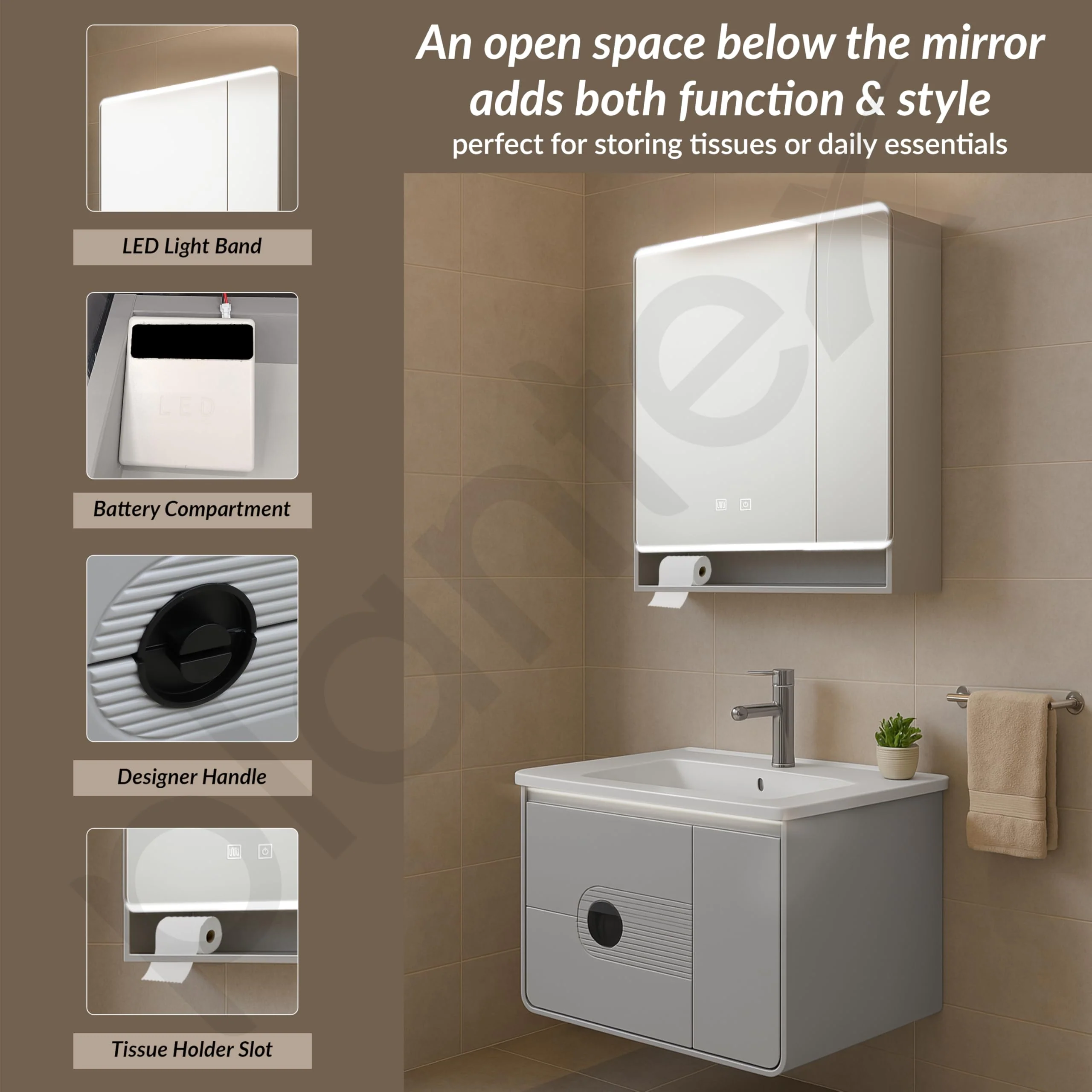 Plantex Unbrekable Wash Basin with Cabinet/Plywood Rectangle Vanity with Basin/Bathroom Organizer for Home with Coupling, Mirror and Cabinet Motion Sensor Light (NZBC-45) - Image 7