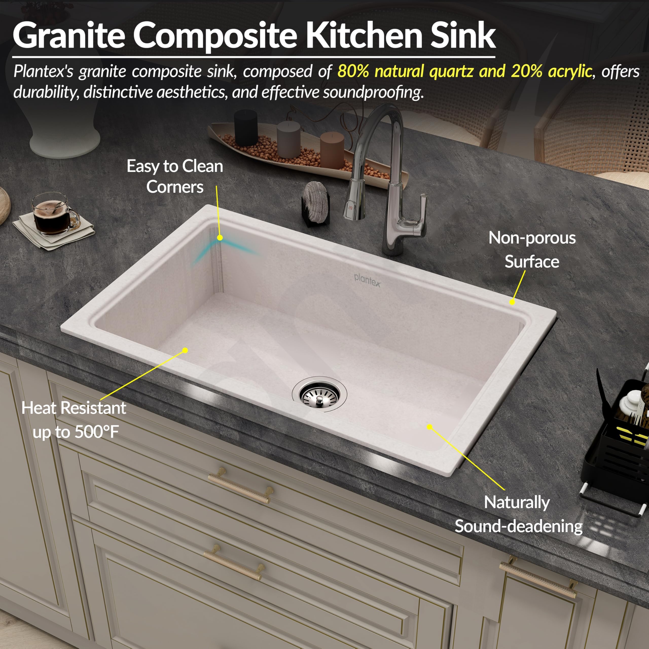 Plantex Undermount Sink for Kitchen/Quartz Acrylic Kitchen Sink with 10 Years Warranty by Plantex/Granite Single Bowl Sinks with Coupling (Rayon 32x20 Inches) - Image 5