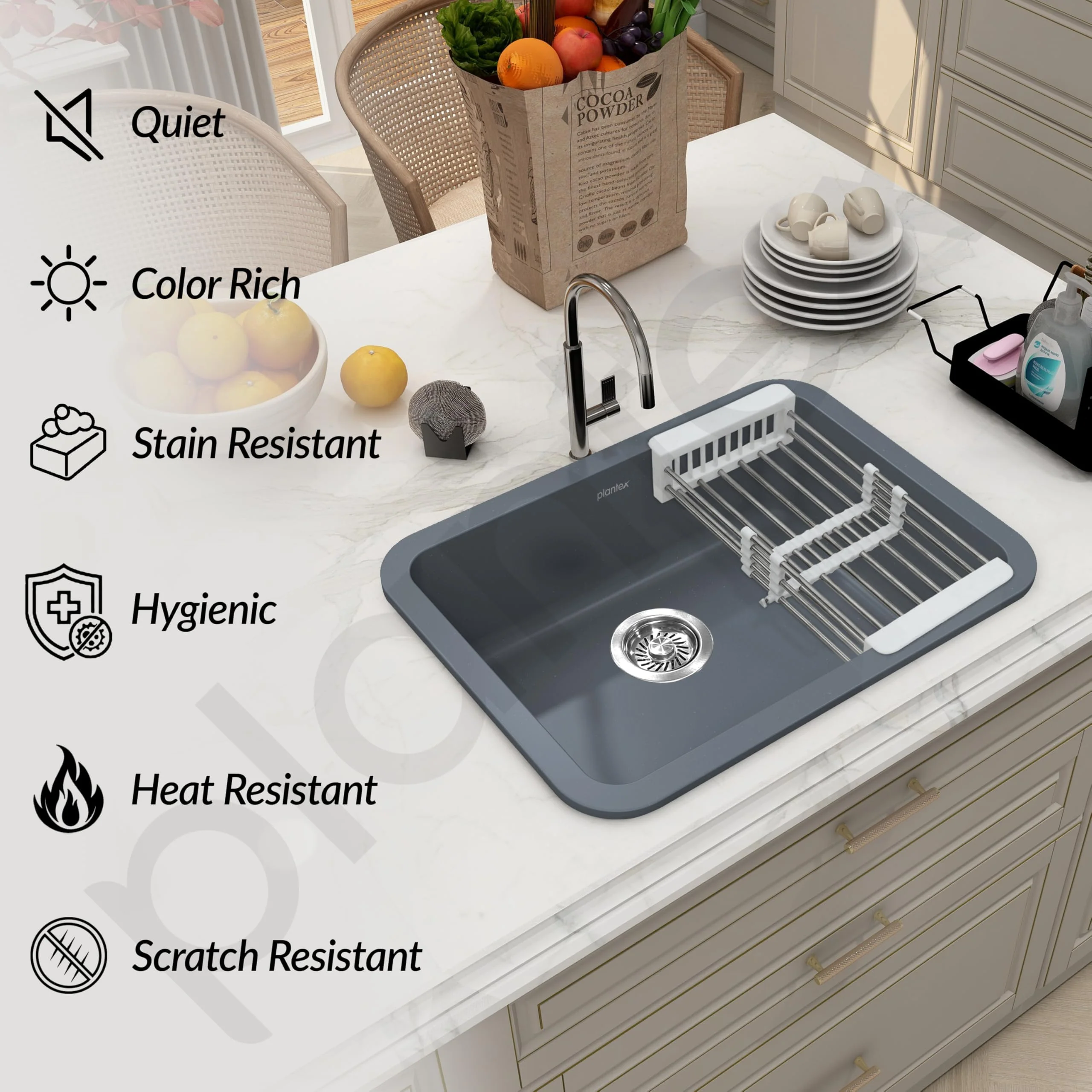 Plantex UV Protected Kitchen Sink/Single Bowle Sink For Home/Matt German Engineered Technology Quartz Sink For Kitchen (Smoke Grey-18X24 Inch) - Image 7
