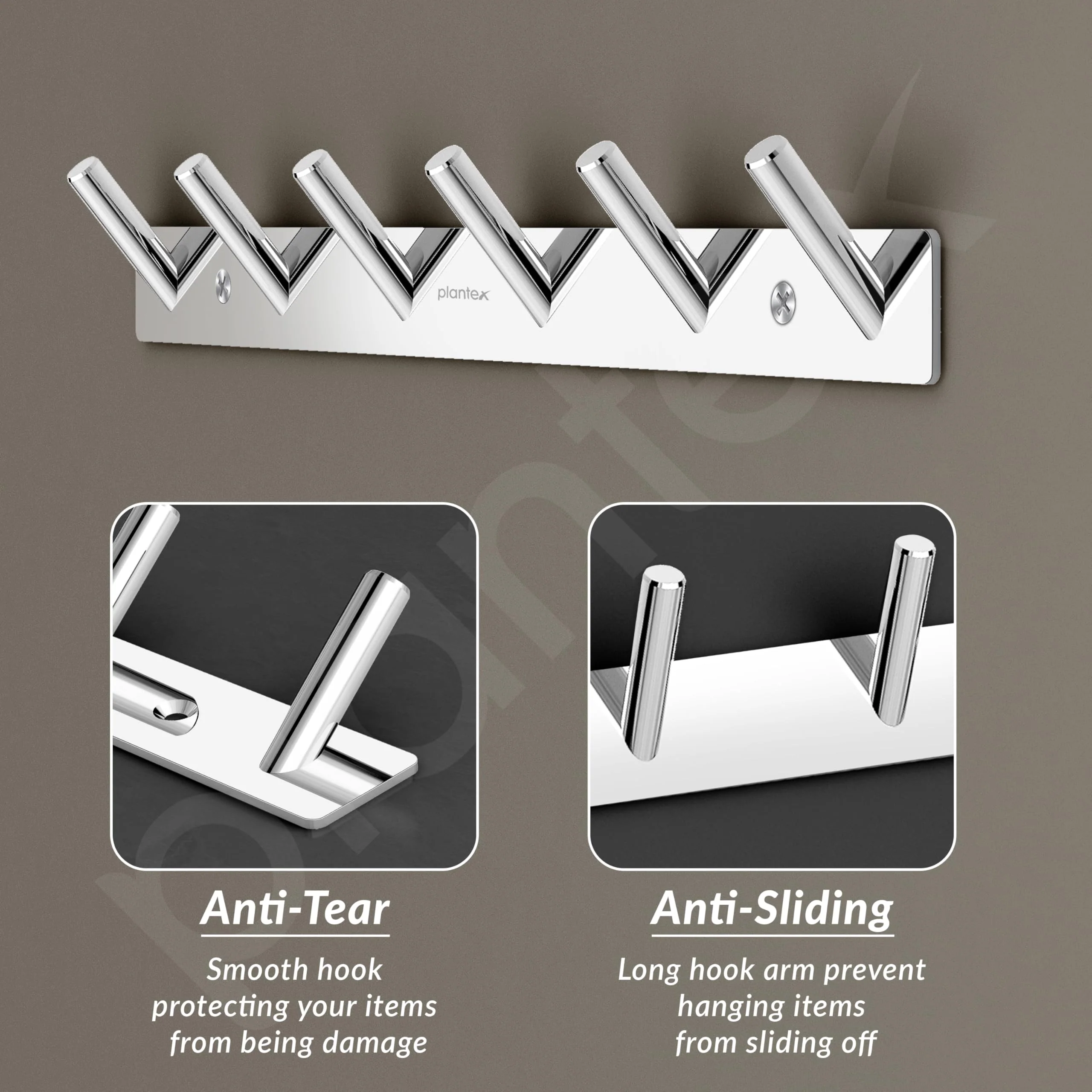 Plantex Wall Hooks for Hanging Cloth/Stainless Steel Towel Hangers/Bathroom Robe Hooks/Door Hangers/Round Wall Hook/Hook Rail for Hanging Keys - 6 Hooks (Pack of 1, Chrome) - Image 3