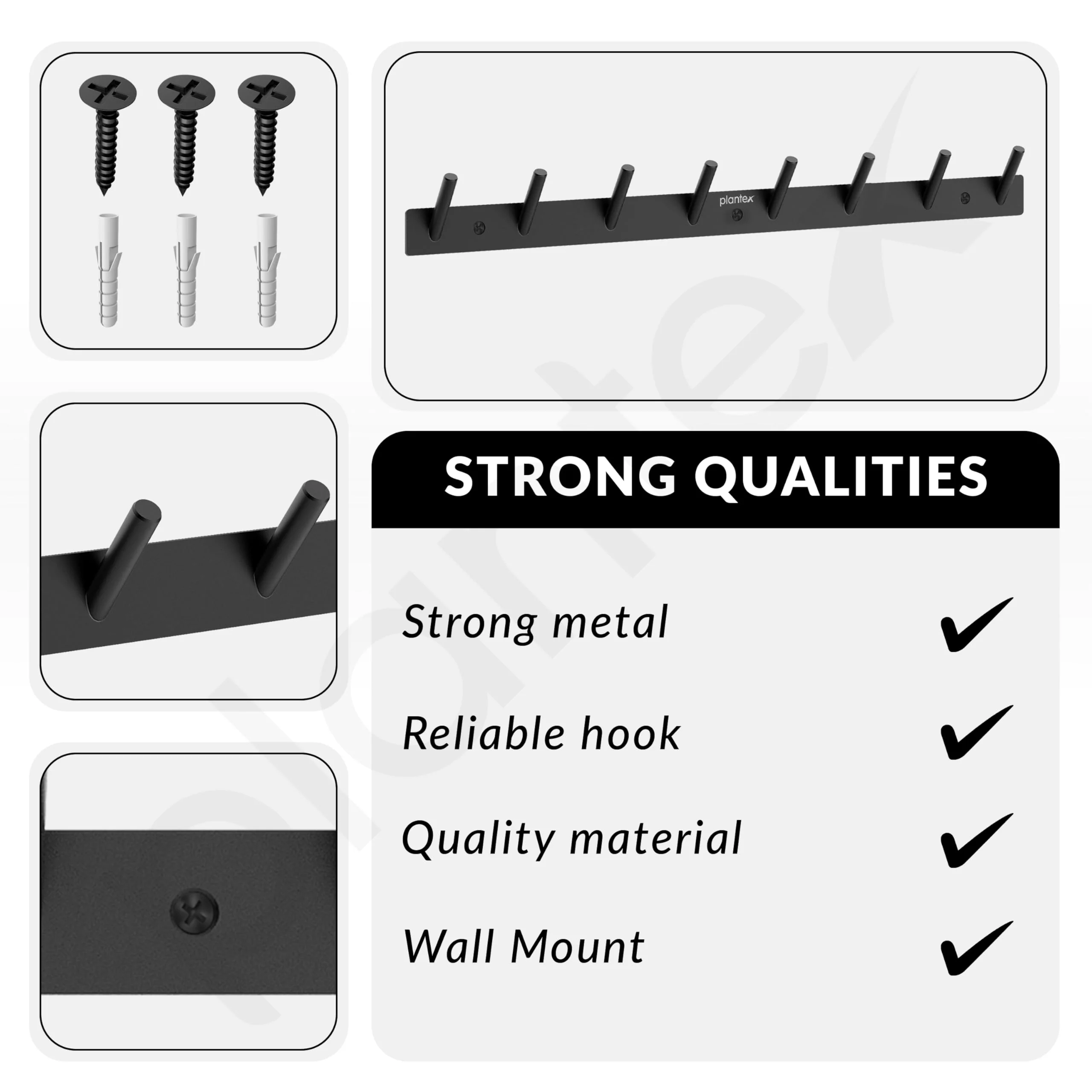 Plantex Wall Hooks for Hanging Cloth/Stainless Steel Towel Hangers/Bathroom Robe Hooks/Door Hangers/Round Wall Hook/Hook Rail for Hanging Keys - 8 Hooks (Pack of 1, Z-Black) - Image 6