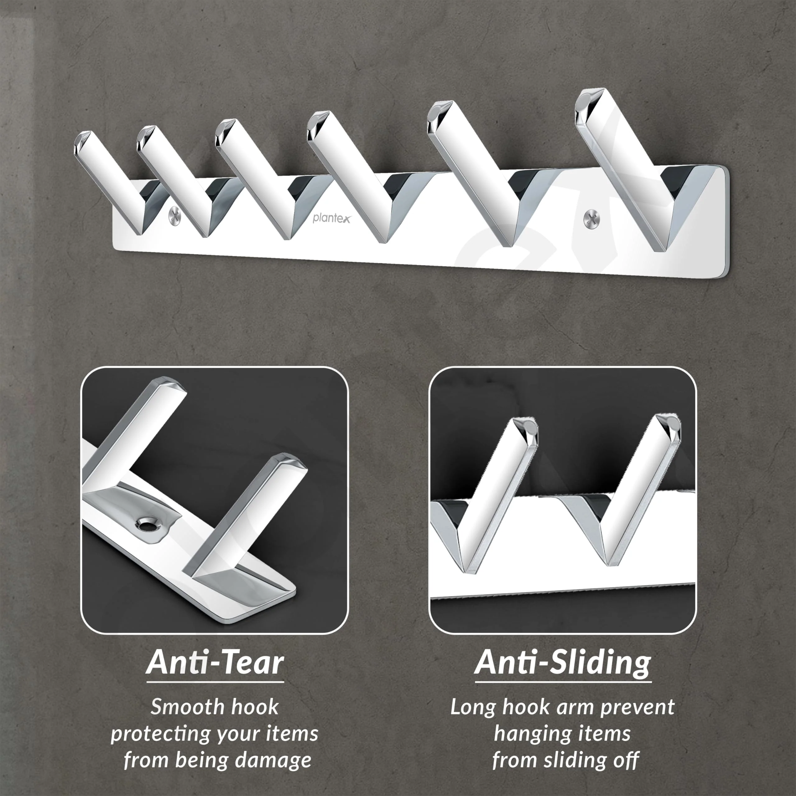Plantex Wall Hooks for Hanging Cloth/Stainless Steel Towel Hangers/Bathroom Robe Hooks/Door Hangers/Square Wall Hook/Hook Rail for Hanging Keys - 6 Hooks (Pack of 1, Chrome) - Image 4