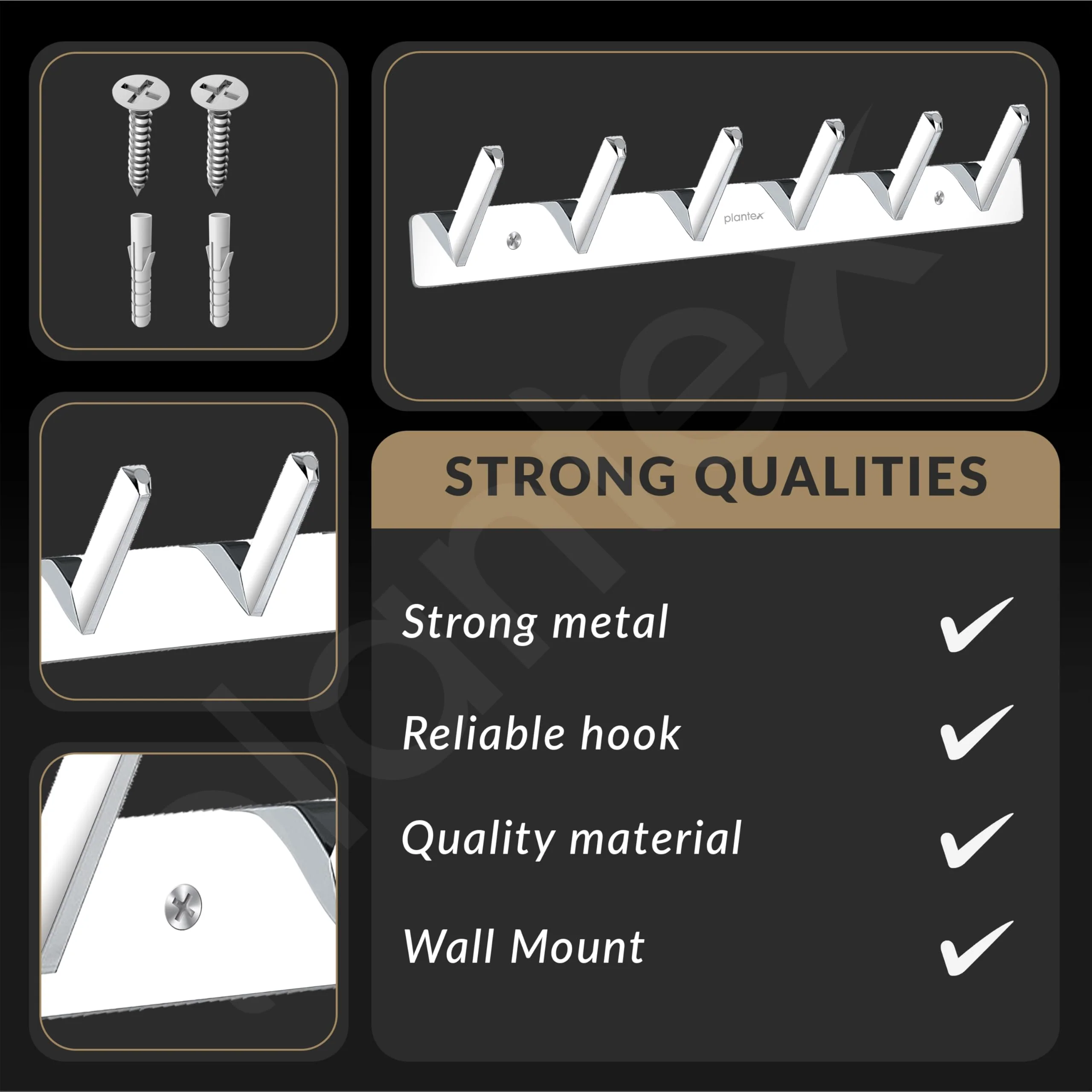 Plantex Wall Hooks for Hanging Cloth/Stainless Steel Towel Hangers/Bathroom Robe Hooks/Door Hangers/Square Wall Hook/Hook Rail for Hanging Keys - 6 Hooks (Pack of 1, Chrome) - Image 5
