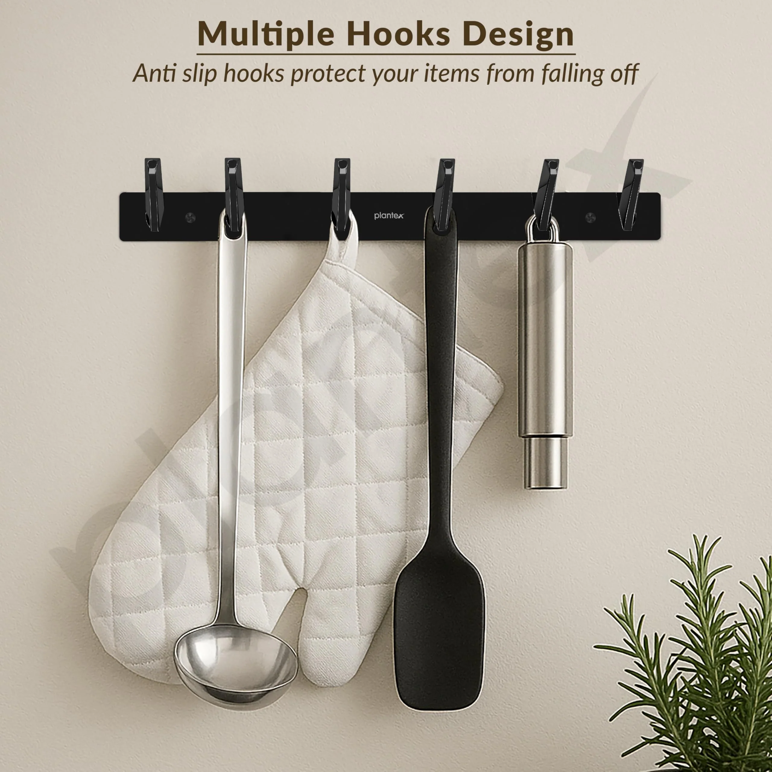 Plantex Wall Hooks for Hanging Cloth/Stainless Steel Towel Hangers/Bathroom Robe Hooks/Door Hangers/Square Wall Hook/Hook Rail for Hanging Keys - 6 Hooks (Pack of 1, PVD Black) - Image 2