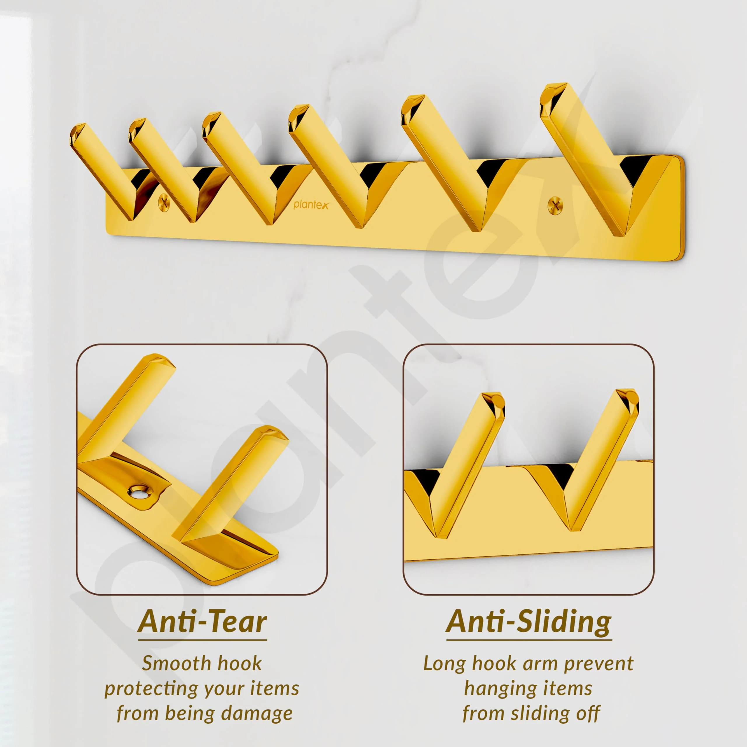 Plantex Wall Hooks for Hanging Cloth/Stainless Steel Towel Hangers/Bathroom Robe Hooks/Door Hangers/Square Wall Hook/Hook Rail for Hanging Keys - 6 Hooks (Pack of 1, PVD Gold) - Image 5