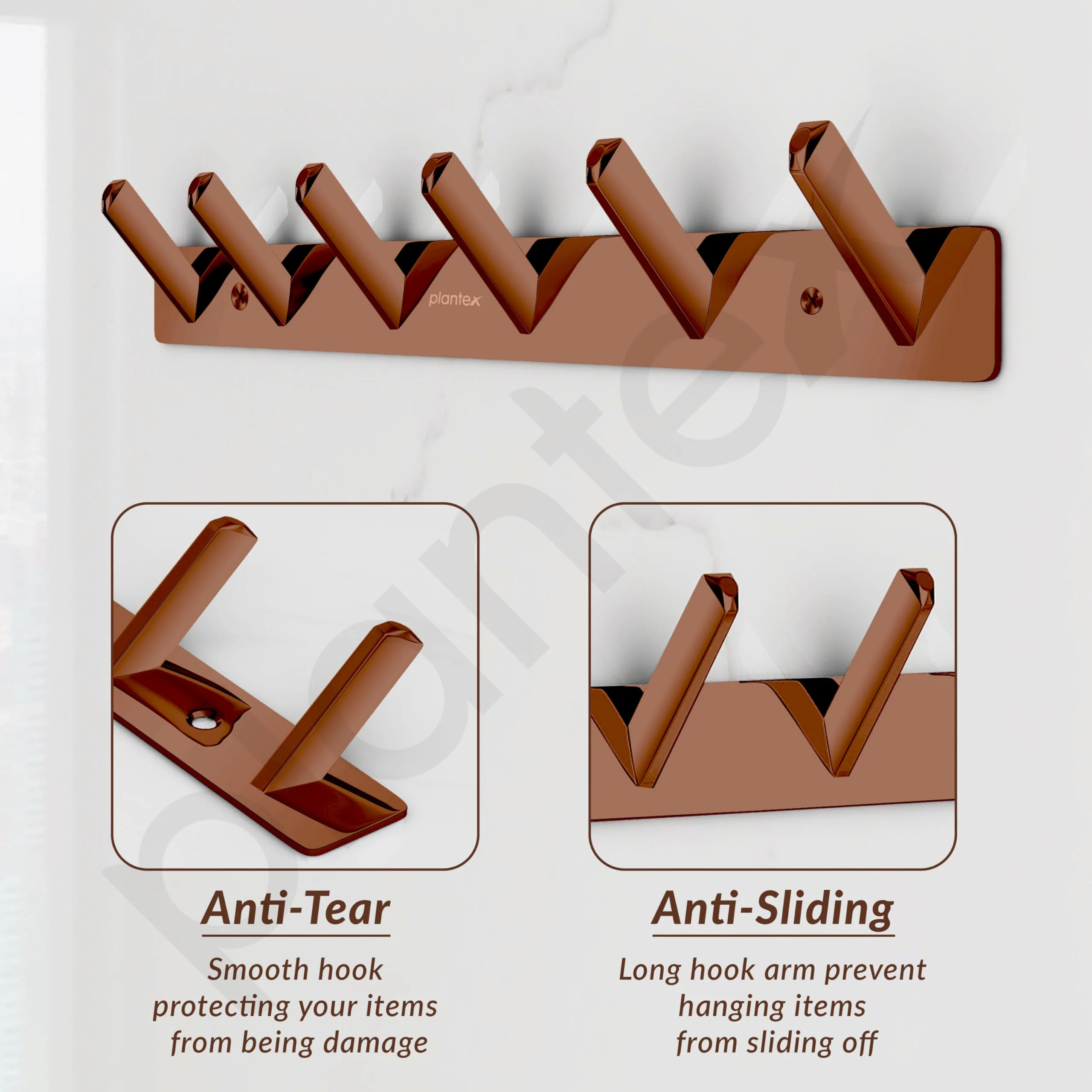 Plantex Wall Hooks for Hanging Cloth/Stainless Steel Towel Hangers/Bathroom Robe Hooks/Door Hangers/Square Wall Hook/Hook Rail for Hanging Keys - 6 Hooks (Pack of 1, PVD Rose Gold) - Image 5
