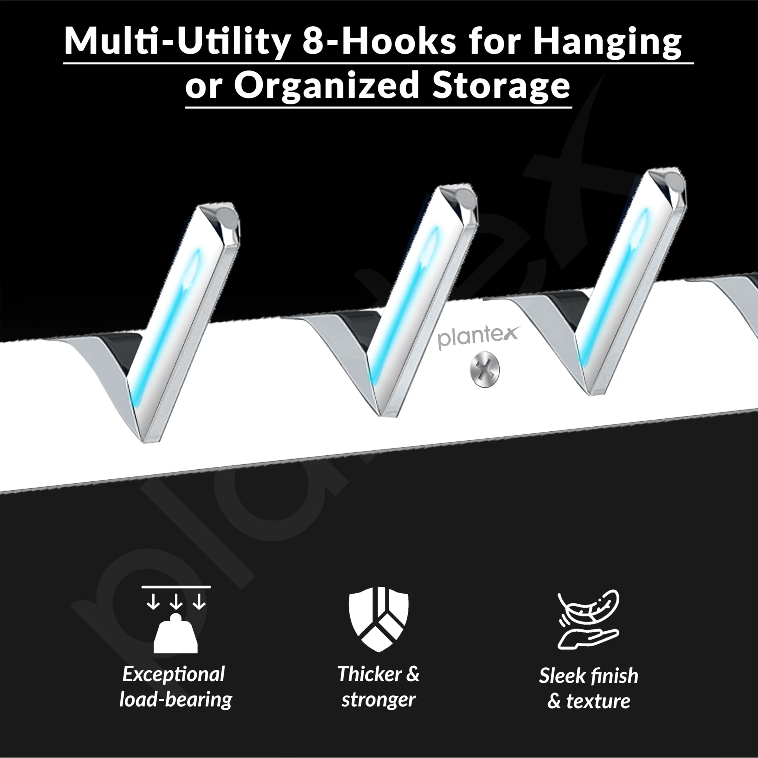 Plantex Wall Hooks for Hanging Cloth/Stainless Steel Towel Hangers/Bathroom Robe Hooks/Door Hangers/Square Wall Hook/Hook Rail for Hanging Keys - 8 Hooks (Pack of 1, Chrome) - Image 4