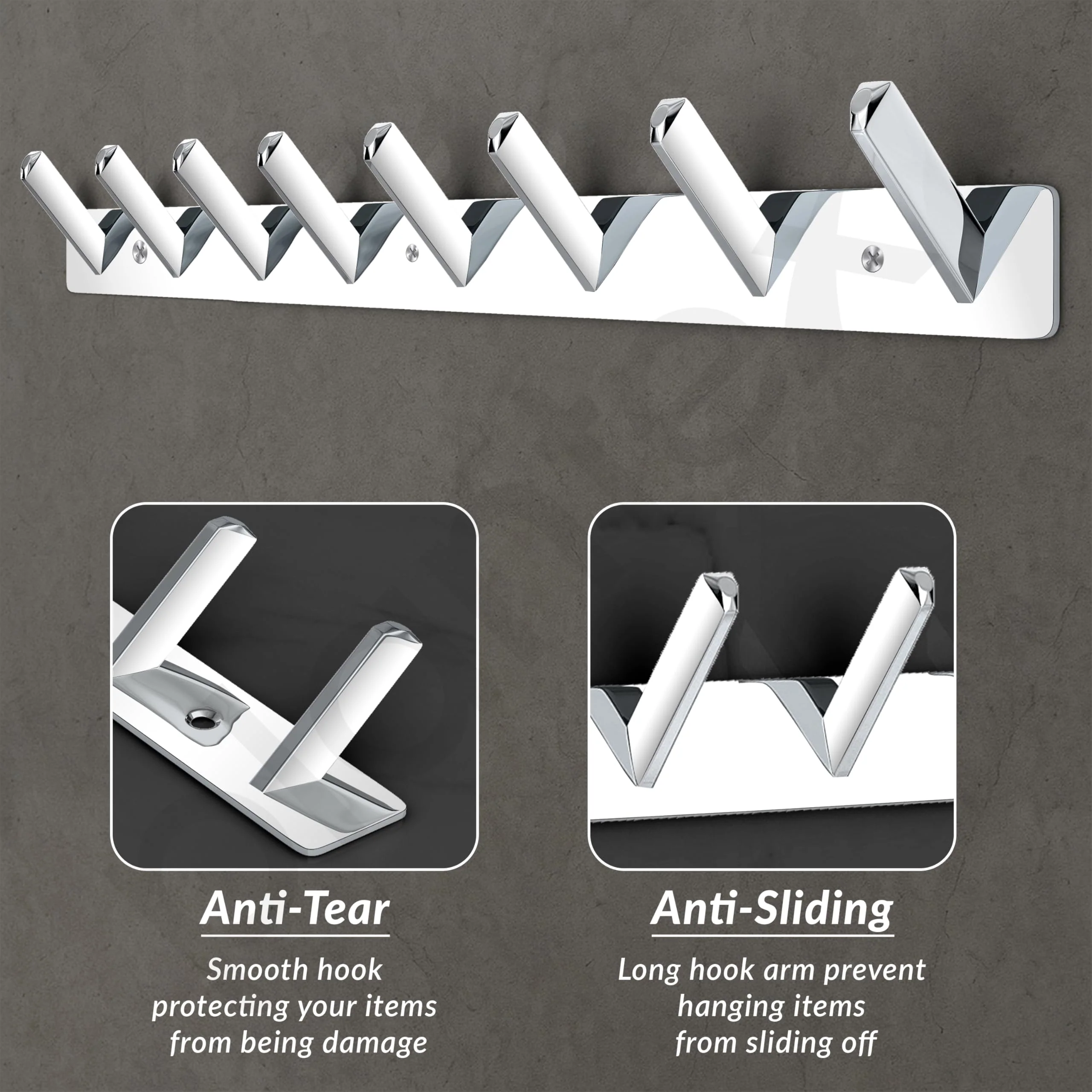 Plantex Wall Hooks for Hanging Cloth/Stainless Steel Towel Hangers/Bathroom Robe Hooks/Door Hangers/Square Wall Hook/Hook Rail for Hanging Keys - 8 Hooks (Pack of 1, Chrome) - Image 5