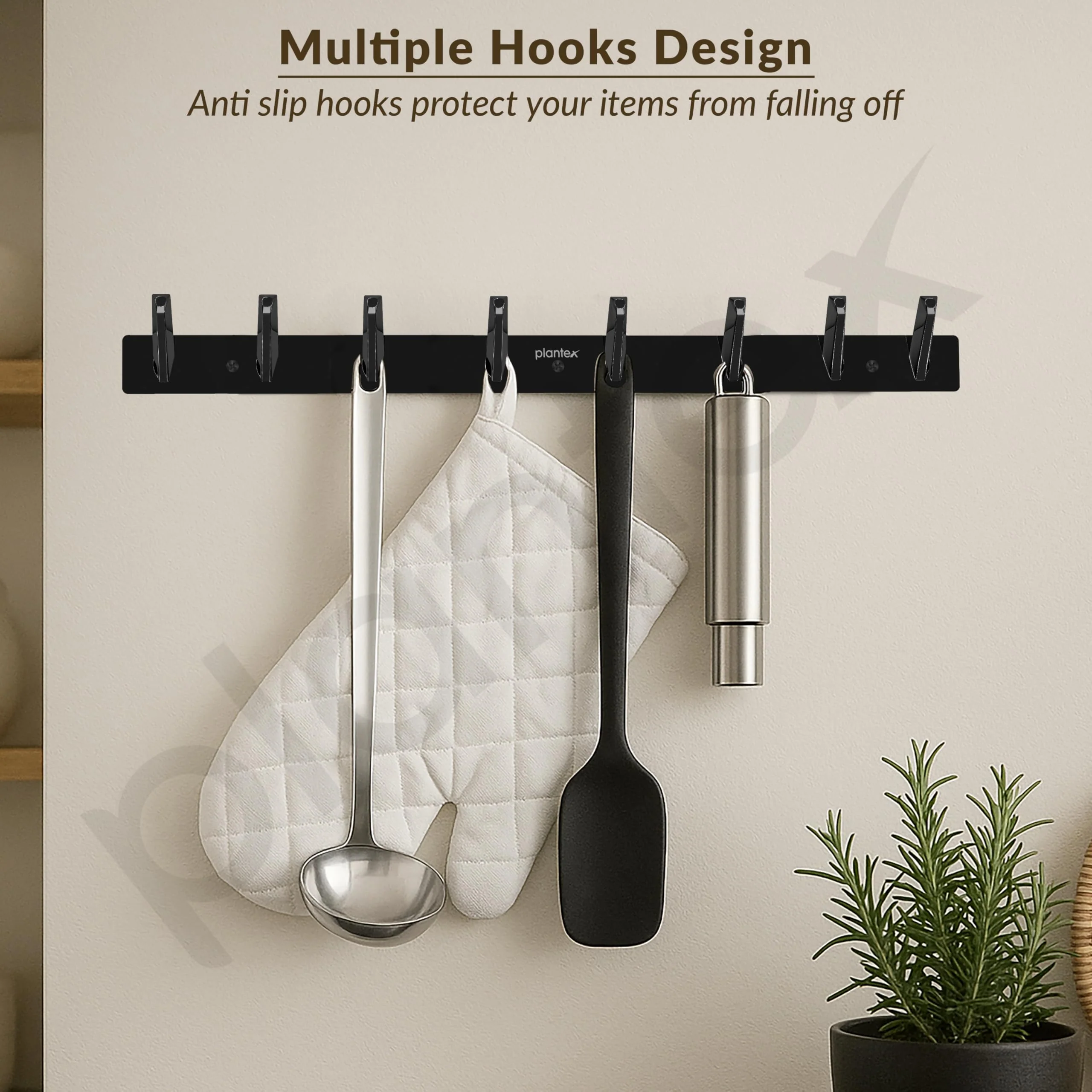 Plantex Wall Hooks for Hanging Cloth/Stainless Steel Towel Hangers/Bathroom Robe Hooks/Door Hangers/Square Wall Hook/Hook Rail for Hanging Keys - 8 Hooks (Pack of 1, PVD Black) - Image 2