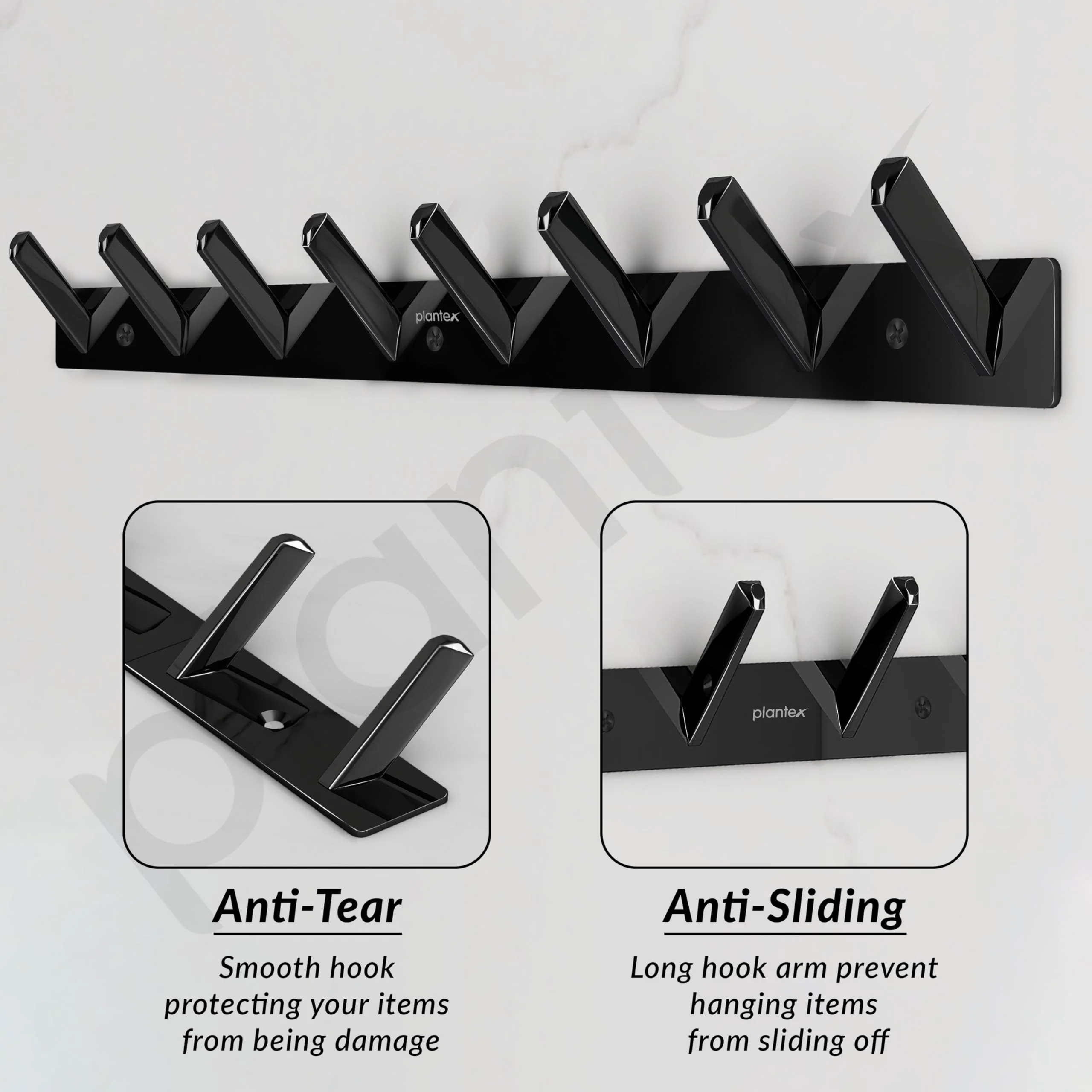 Plantex Wall Hooks for Hanging Cloth/Stainless Steel Towel Hangers/Bathroom Robe Hooks/Door Hangers/Square Wall Hook/Hook Rail for Hanging Keys - 8 Hooks (Pack of 1, PVD Black) - Image 5