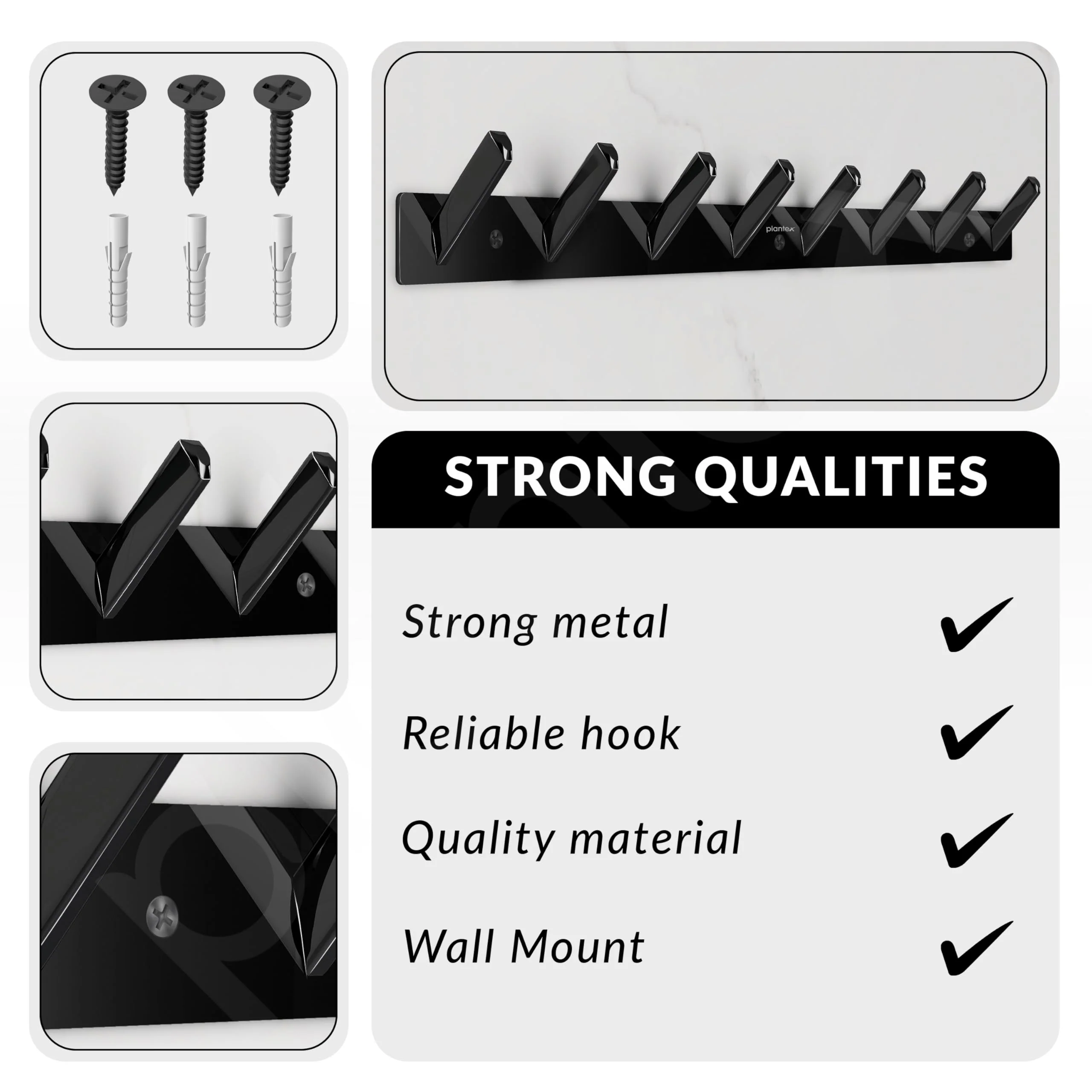 Plantex Wall Hooks for Hanging Cloth/Stainless Steel Towel Hangers/Bathroom Robe Hooks/Door Hangers/Square Wall Hook/Hook Rail for Hanging Keys - 8 Hooks (Pack of 1, PVD Black) - Image 6